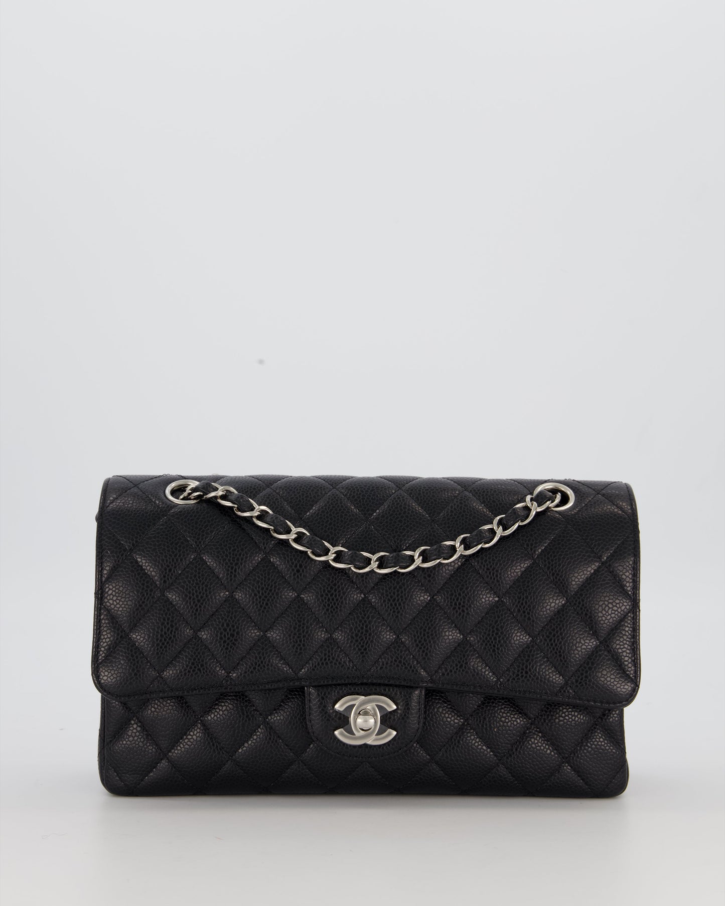 Chanel Black Classic Medium Double Flap Bag in Caviar Leather with Silver Hardware