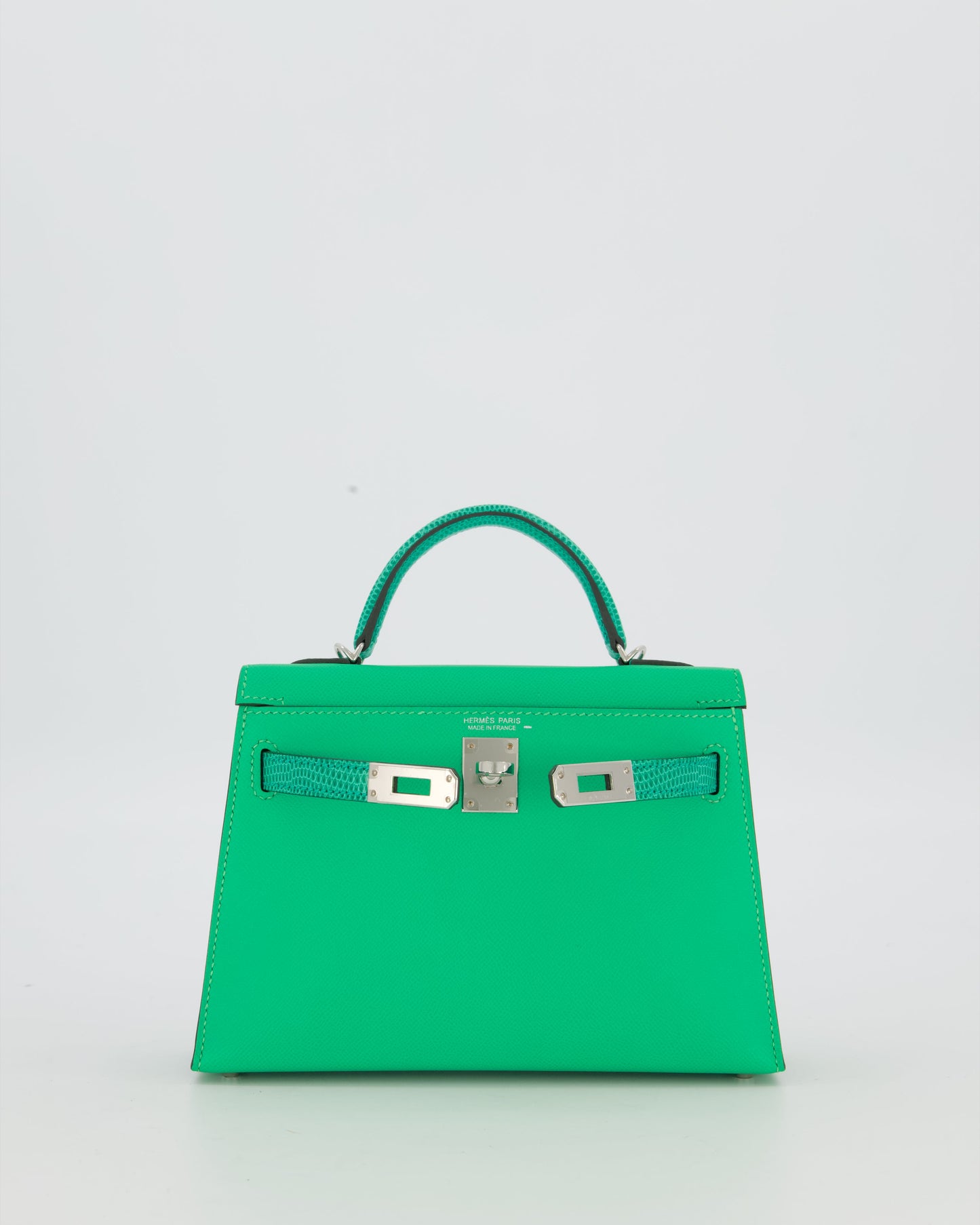 *RARE* Hermes Mini Kelly II 20 Touch Bag in Vert Comics Madame and Vert Jade Niloticus Lizard Leather with Palladium Hardware