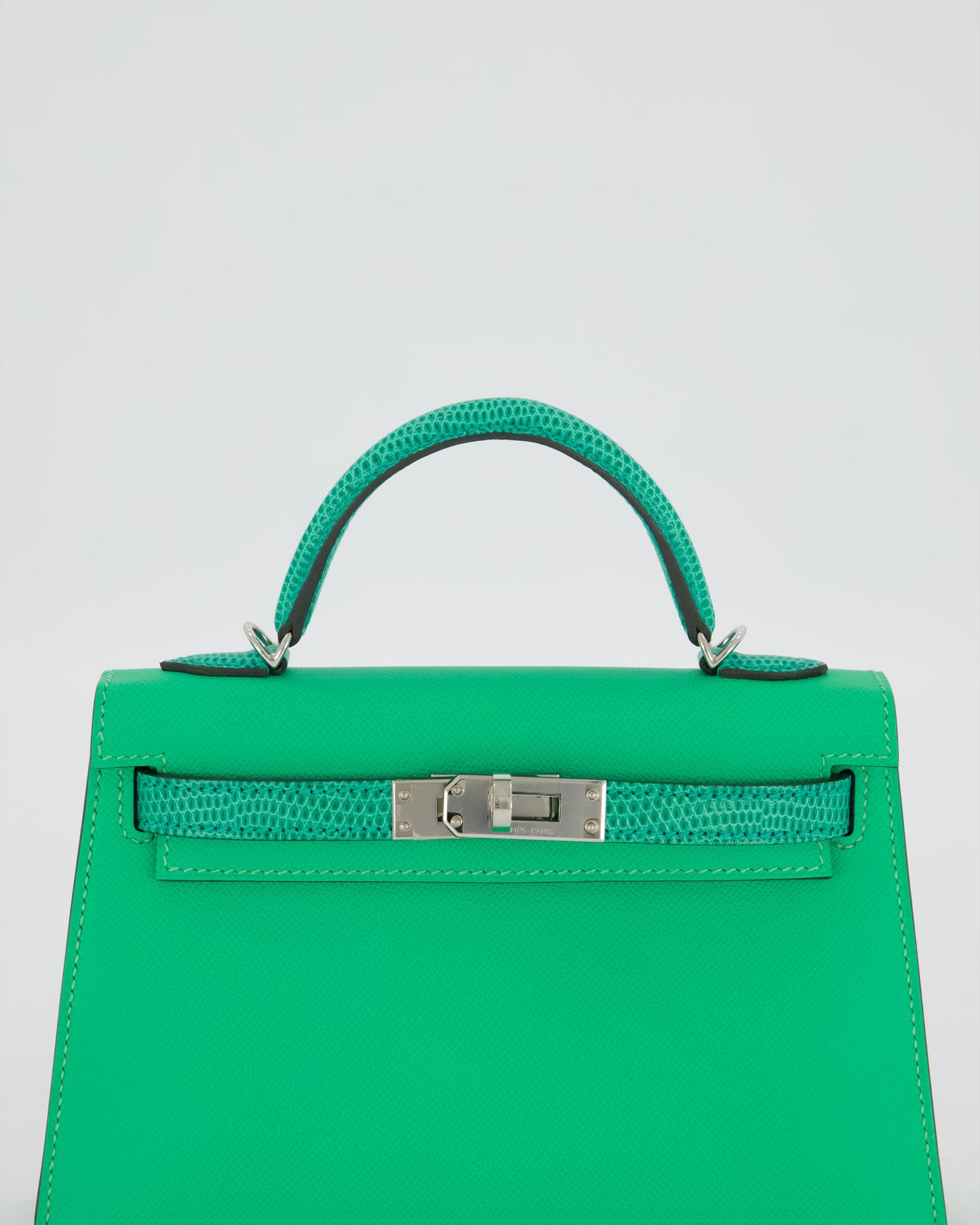 *RARE* Hermes Mini Kelly II 20 Touch Bag in Vert Comics Madame and Vert Jade Niloticus Lizard Leather with Palladium Hardware
