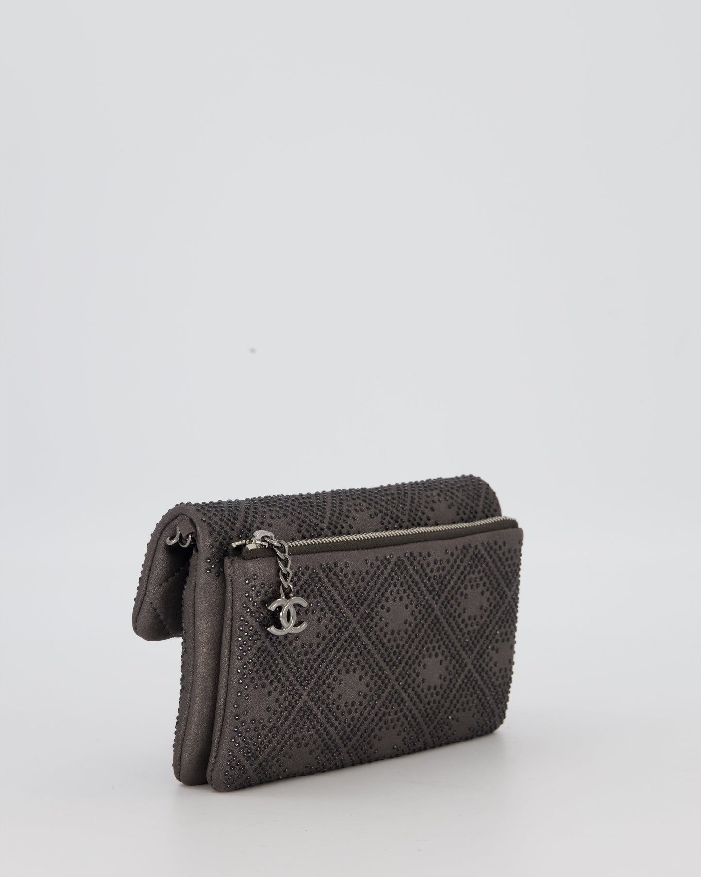 Chanel Grey Embellished Rhinestones Mini Flap Bag in Suede Leather With Gunmetal Hardware