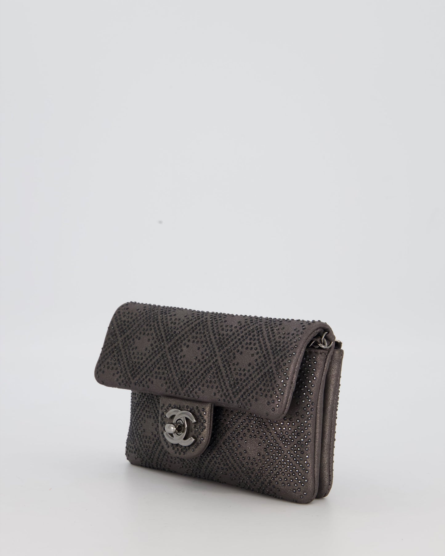 Chanel Grey Embellished Rhinestones Mini Flap Bag in Suede Leather With Gunmetal Hardware