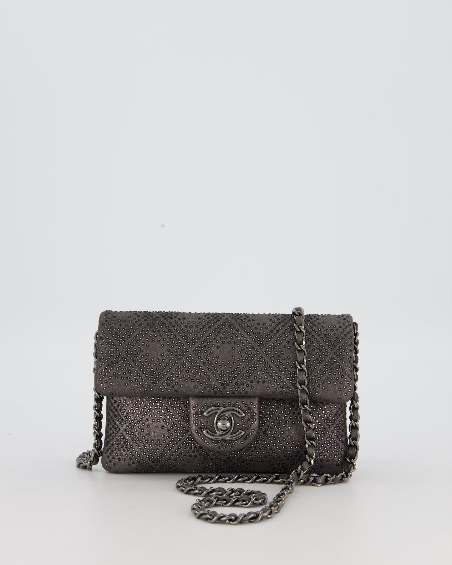 Chanel Grey Embellished Rhinestones Mini Flap Bag in Suede Leather With Gunmetal Hardware