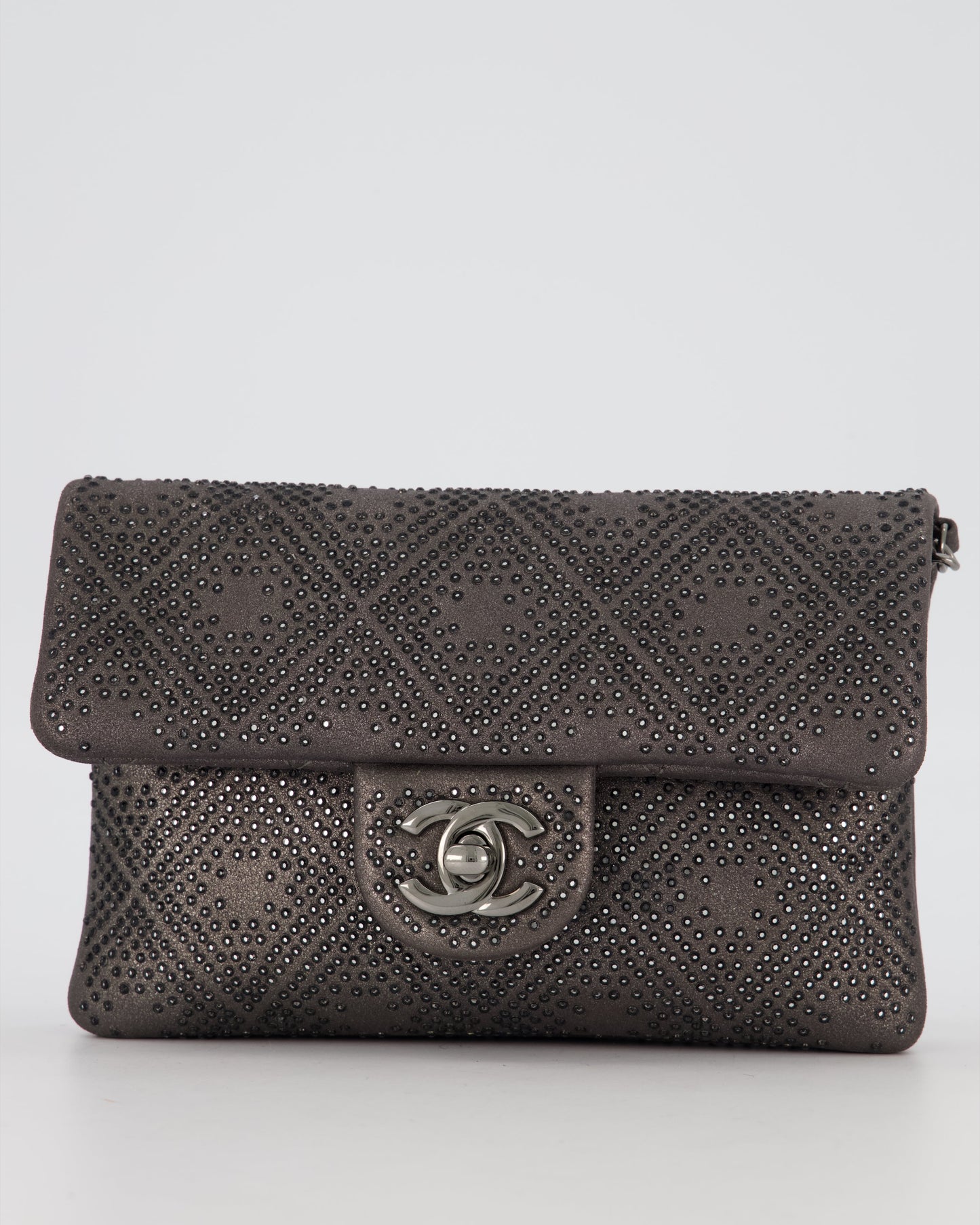 Chanel Grey Embellished Rhinestones Mini Flap Bag in Suede Leather With Gunmetal Hardware