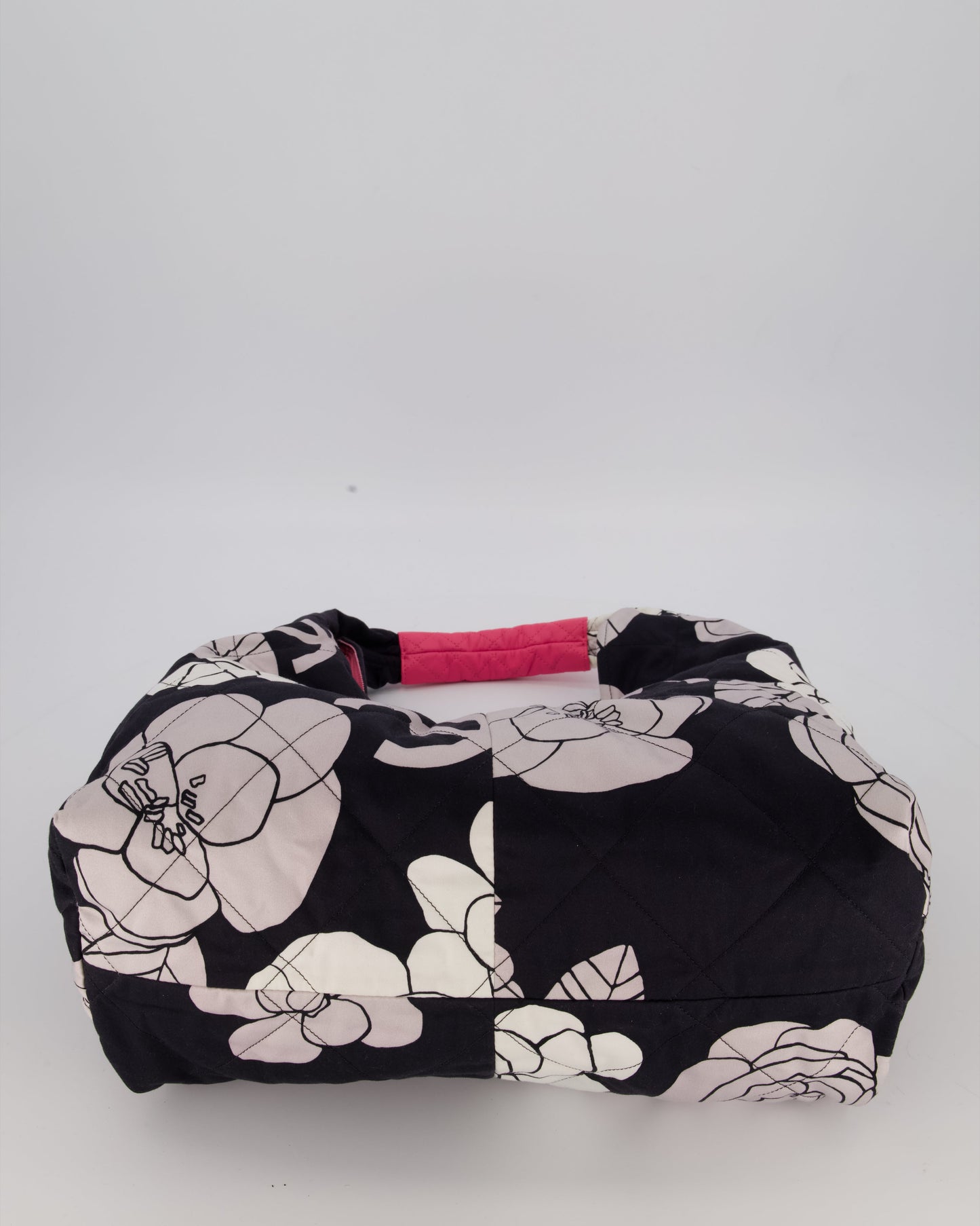 Chanel Black and White Camellia Large Hobo Bag in Fabric with Pink Interior and Gold Hardware