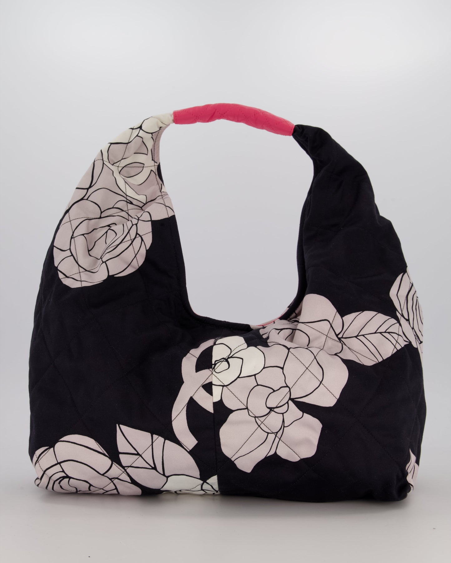Chanel Black and White Camellia Large Hobo Bag in Fabric with Pink Interior and Gold Hardware