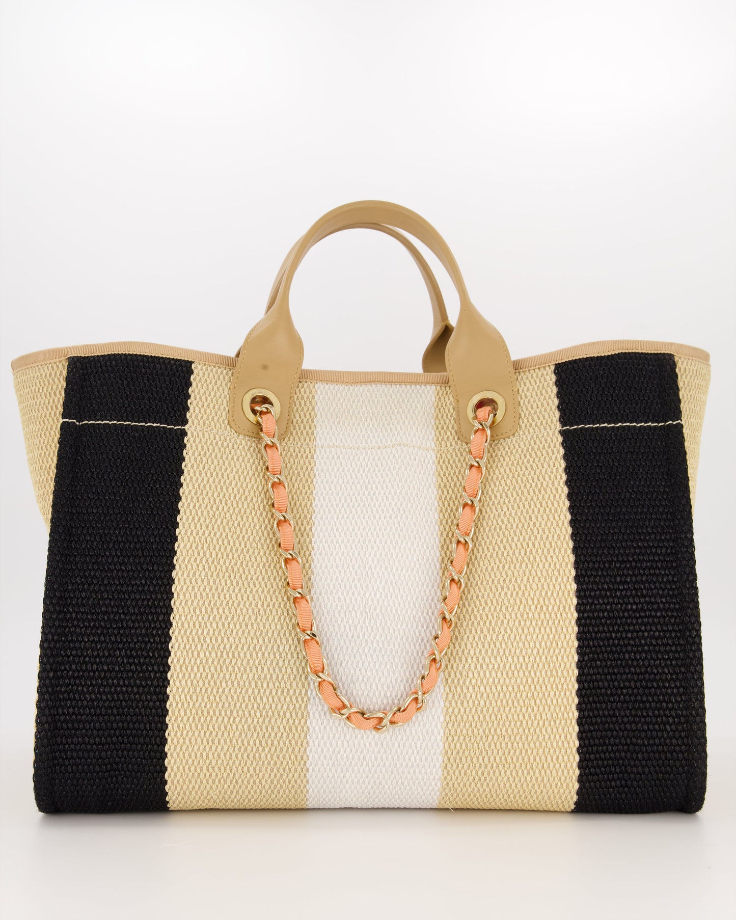 *HOT* Chanel Beige, Black and White Raffia Medium Deauville Tote Bag with Pastel Logo and Champagne Gold Hardware