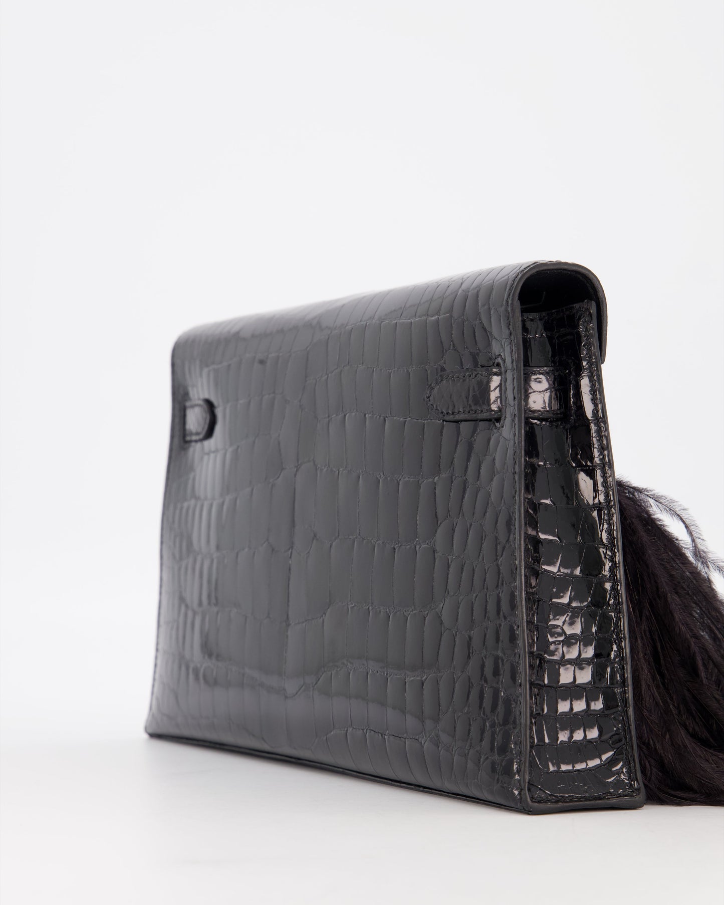 Hermes Kelly Elan Folie Bag in Noir Crocodile Porosus Lisse Leather, Noir Plumes with Gold Hardware