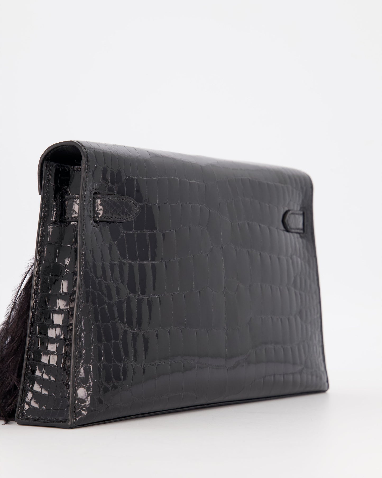 Hermes Kelly Elan Folie Bag in Noir Crocodile Porosus Lisse Leather, Noir Plumes with Gold Hardware