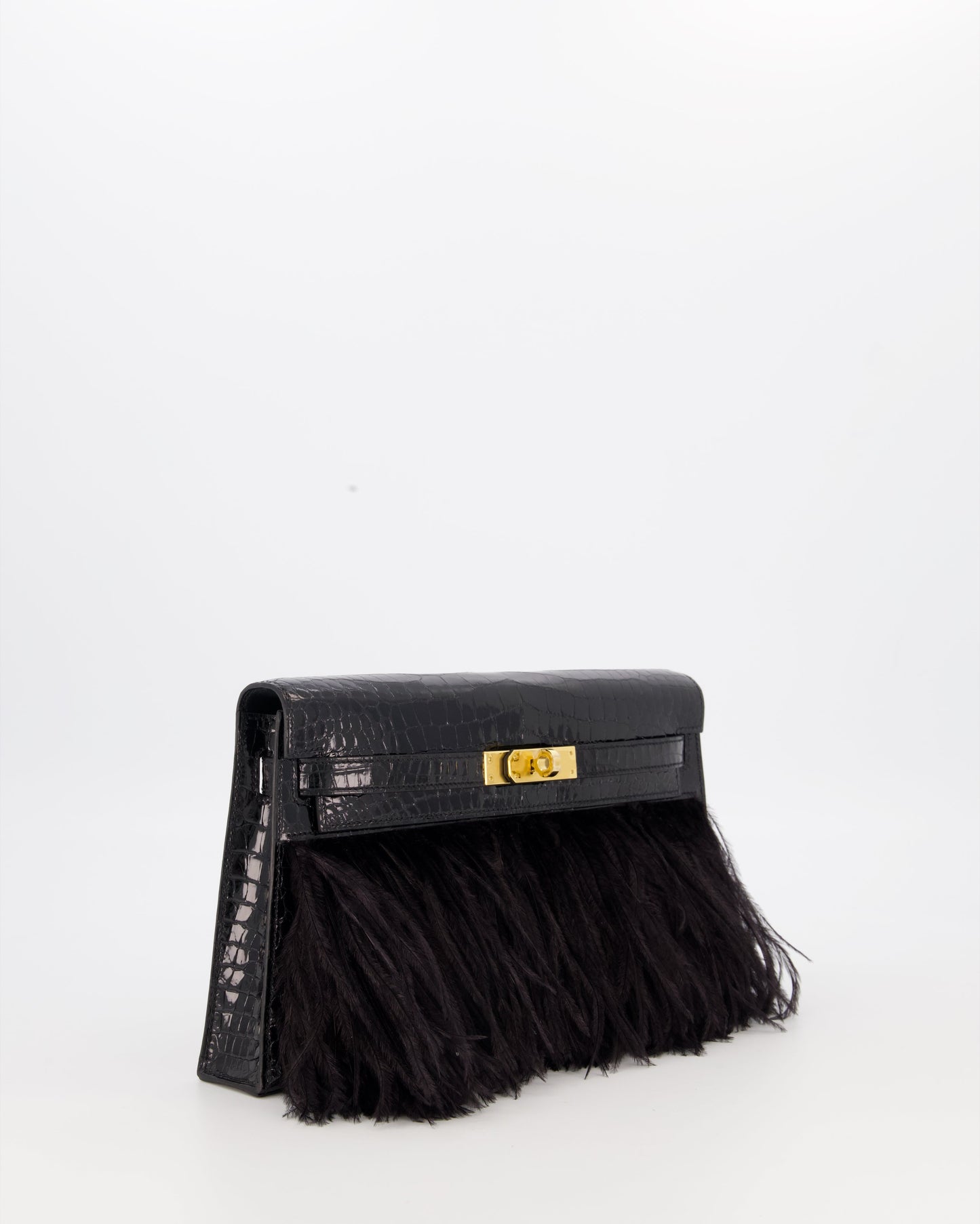 Hermes Kelly Elan Folie Bag in Noir Crocodile Porosus Lisse Leather, Noir Plumes with Gold Hardware