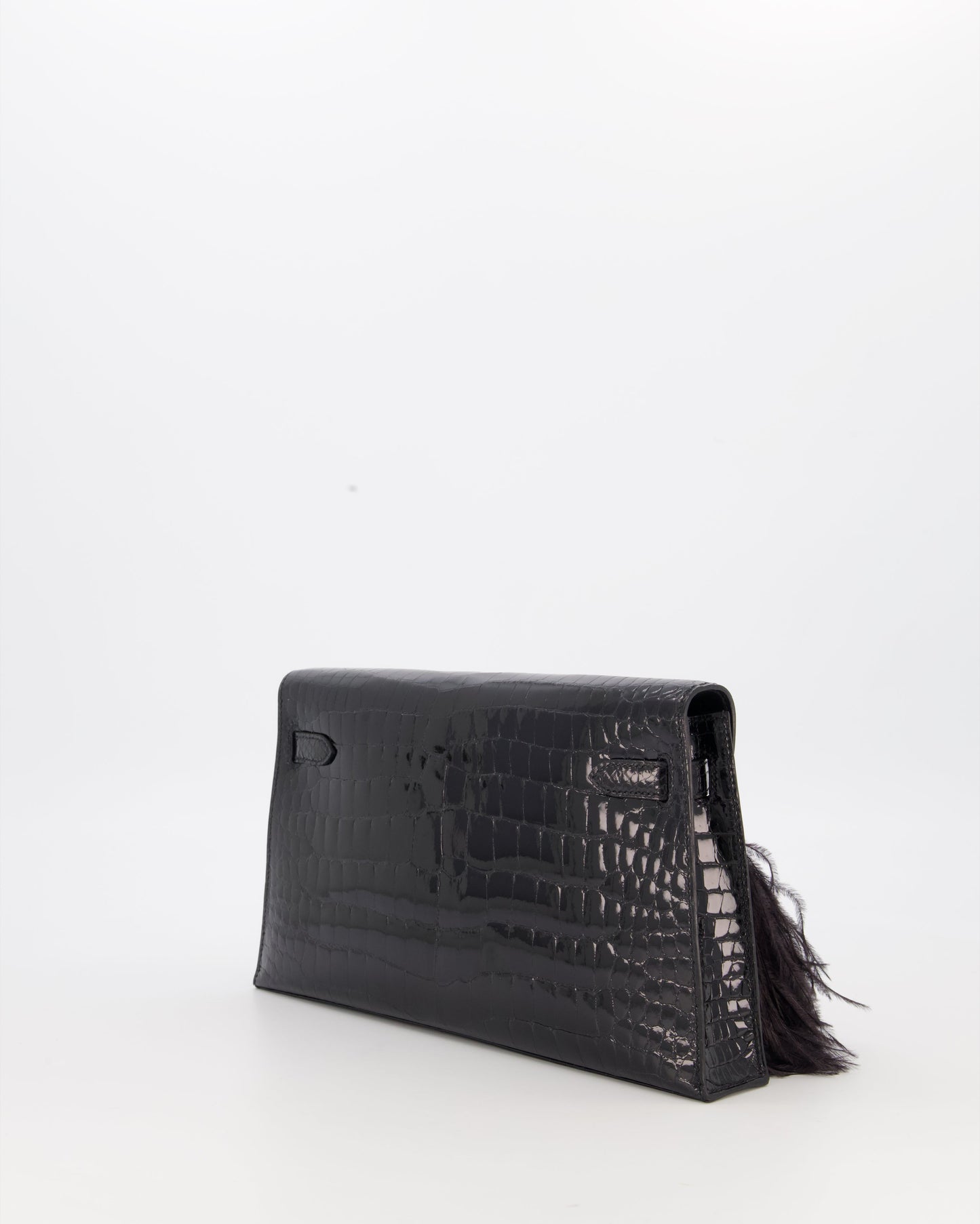 Hermes Kelly Elan Folie Bag in Noir Crocodile Porosus Lisse Leather, Noir Plumes with Gold Hardware