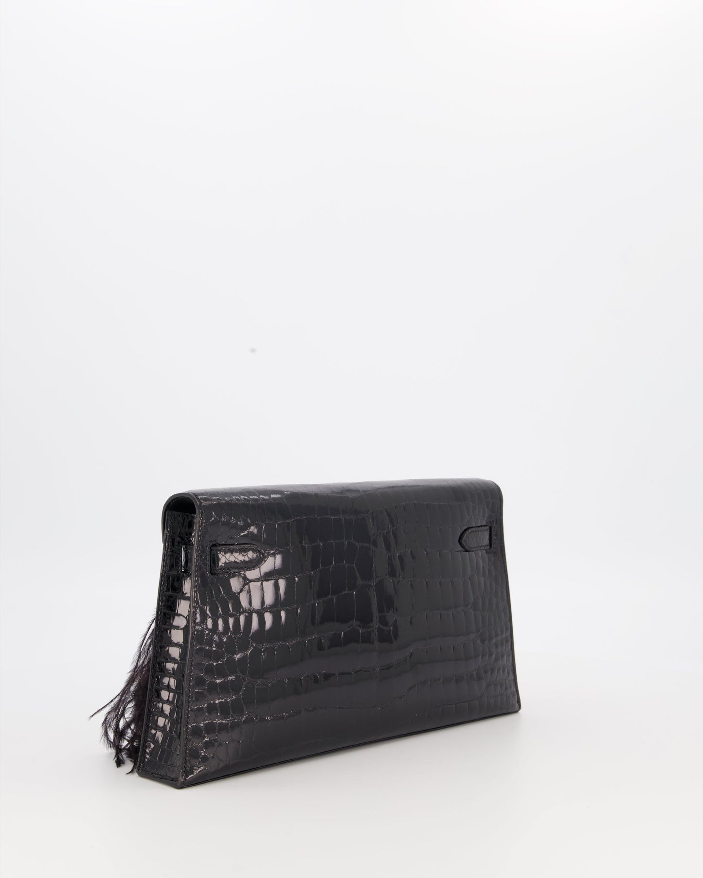 Hermes Kelly Elan Folie Bag in Noir Crocodile Porosus Lisse Leather, Noir Plumes with Gold Hardware