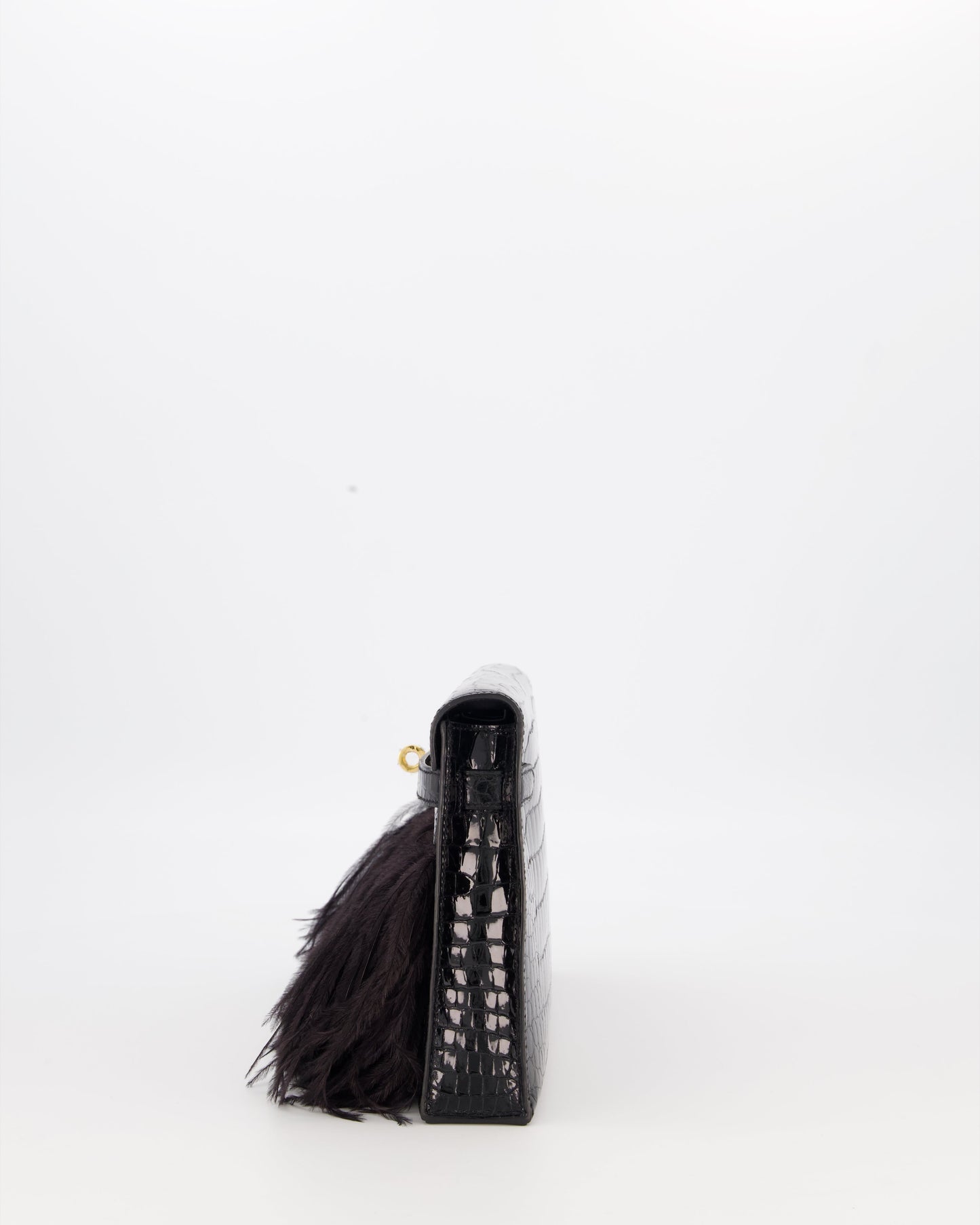 Hermes Kelly Elan Folie Bag in Noir Crocodile Porosus Lisse Leather, Noir Plumes with Gold Hardware