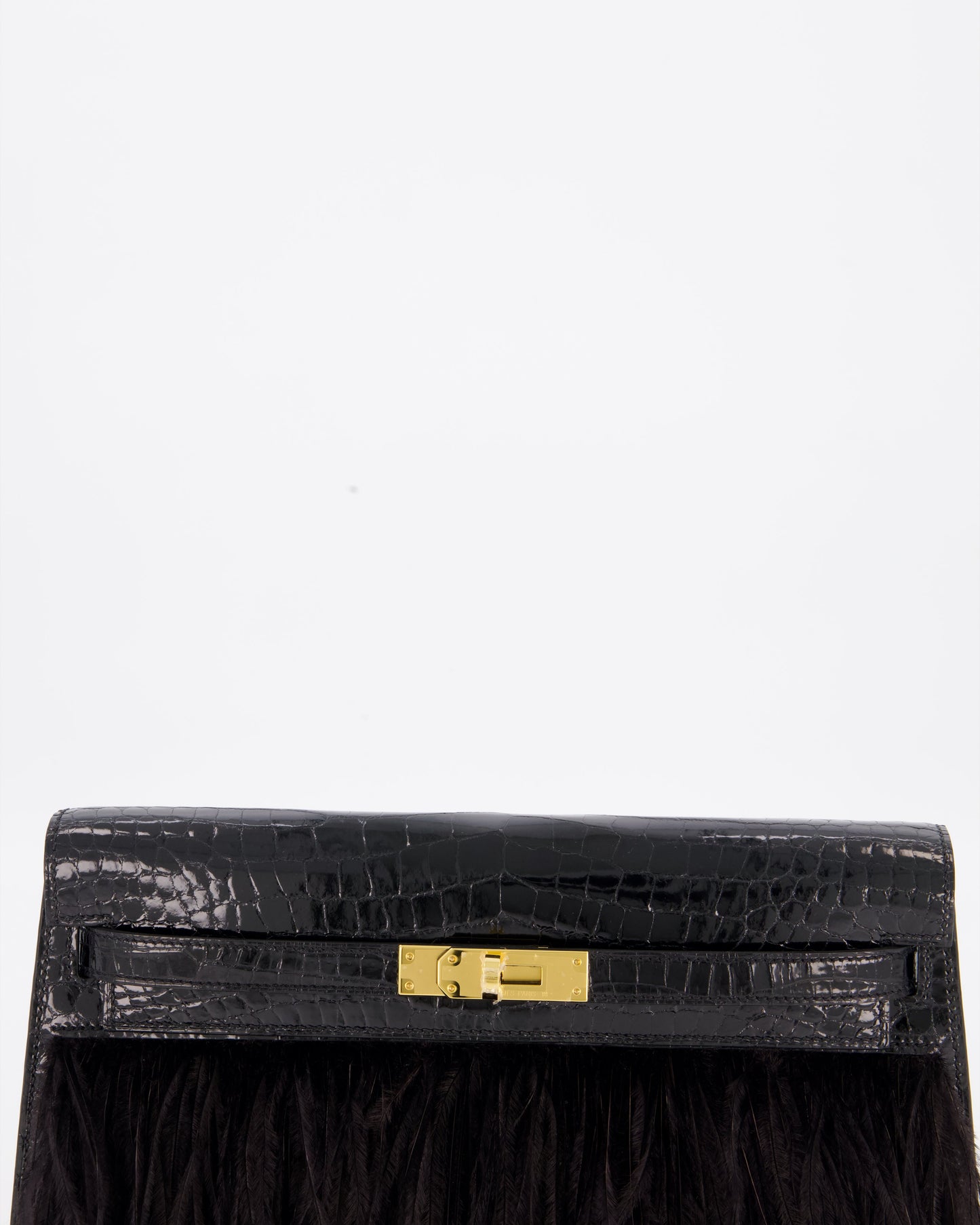 Hermes Kelly Elan Folie Bag in Noir Crocodile Porosus Lisse Leather, Noir Plumes with Gold Hardware