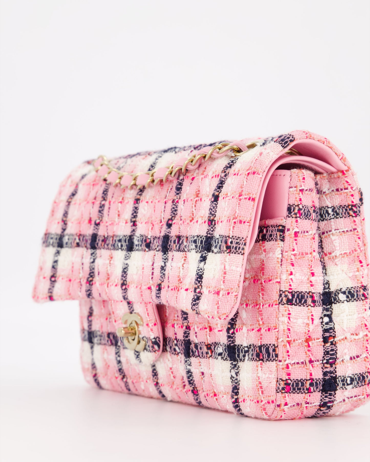 Chanel White, Pink & Black Multicolour Tweed Medium Classic Double Flap Bag with Champagne Gold Hardware