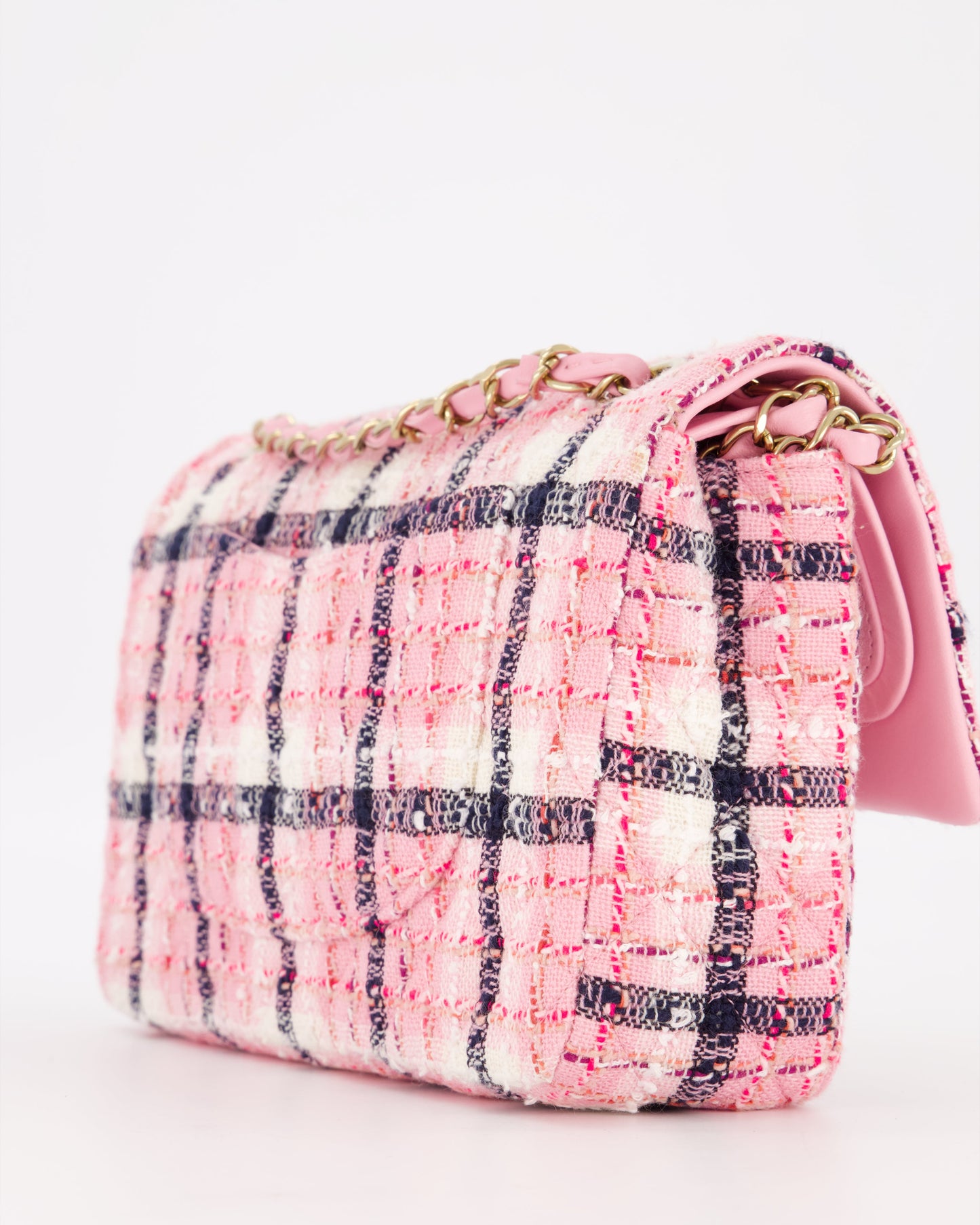 Chanel White, Pink & Black Multicolour Tweed Medium Classic Double Flap Bag with Champagne Gold Hardware