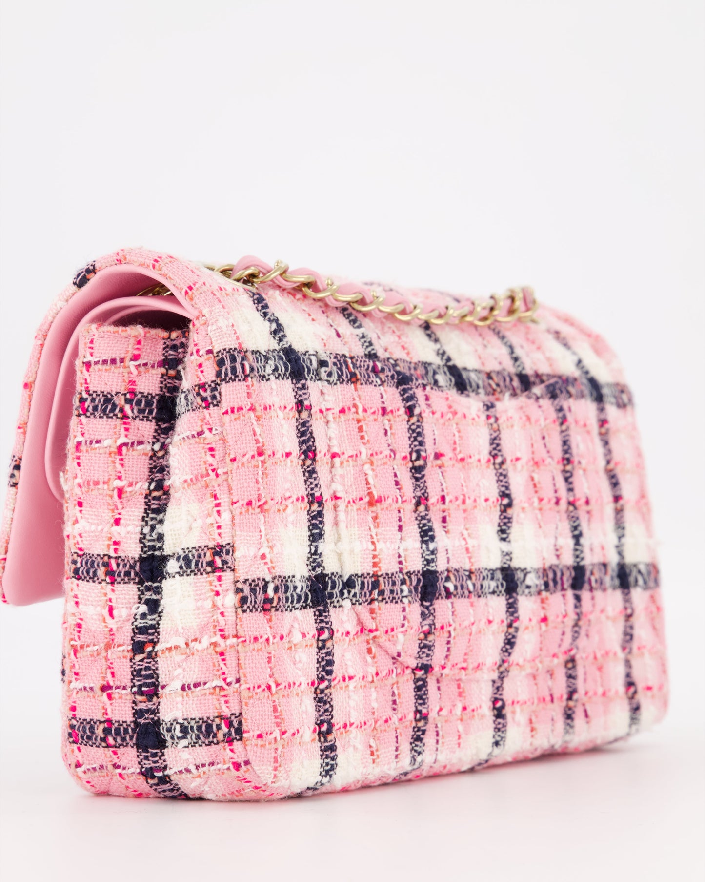 Chanel White, Pink & Black Multicolour Tweed Medium Classic Double Flap Bag with Champagne Gold Hardware