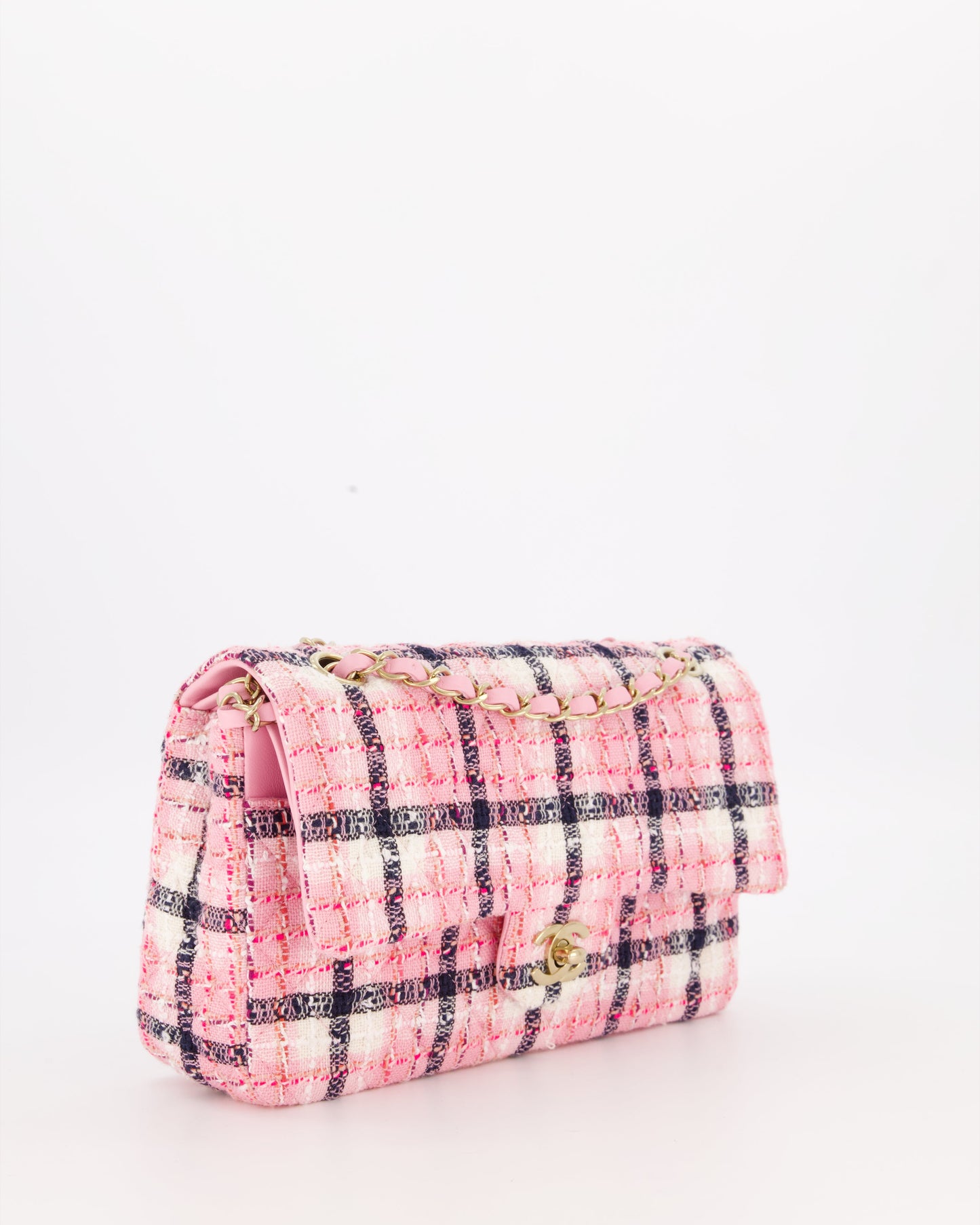 Chanel White, Pink & Black Multicolour Tweed Medium Classic Double Flap Bag with Champagne Gold Hardware