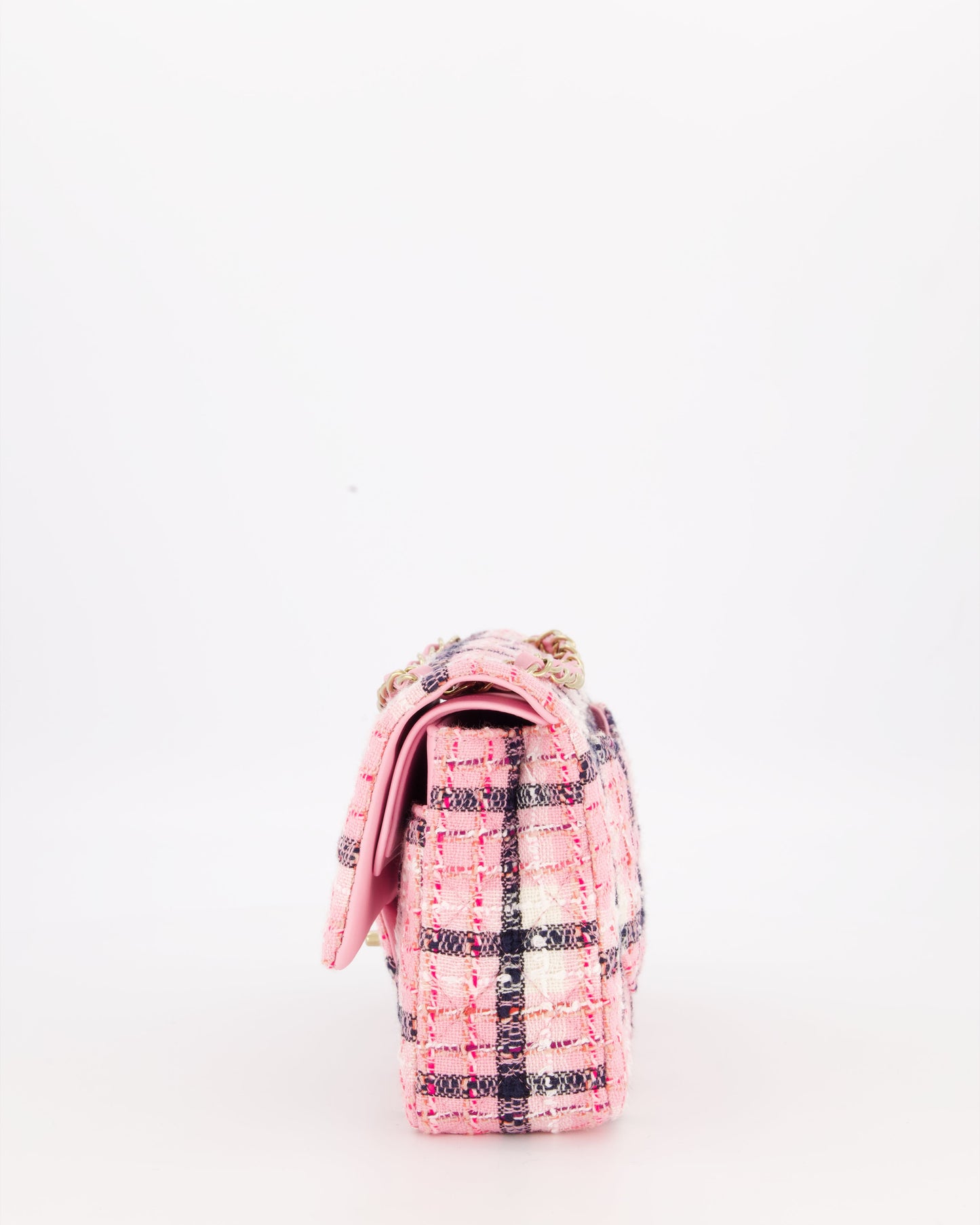 Chanel White, Pink & Black Multicolour Tweed Medium Classic Double Flap Bag with Champagne Gold Hardware