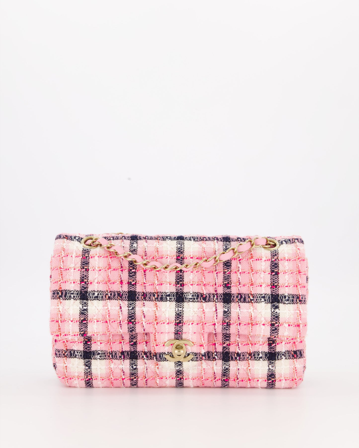 Chanel White, Pink & Black Multicolour Tweed Medium Classic Double Flap Bag with Champagne Gold Hardware