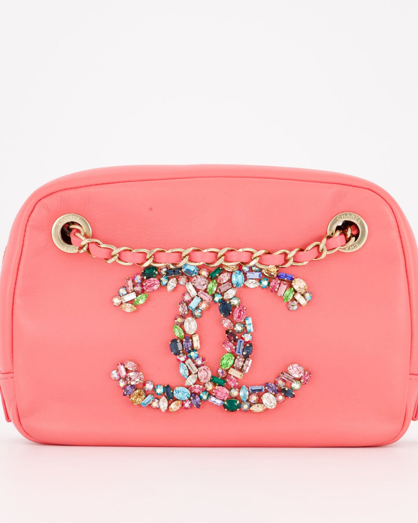 Chanel Coral Pink Small Camera Bag in Lambskin Leather with Multicolour Crystal CC Logo & Champagne Gold Hardware