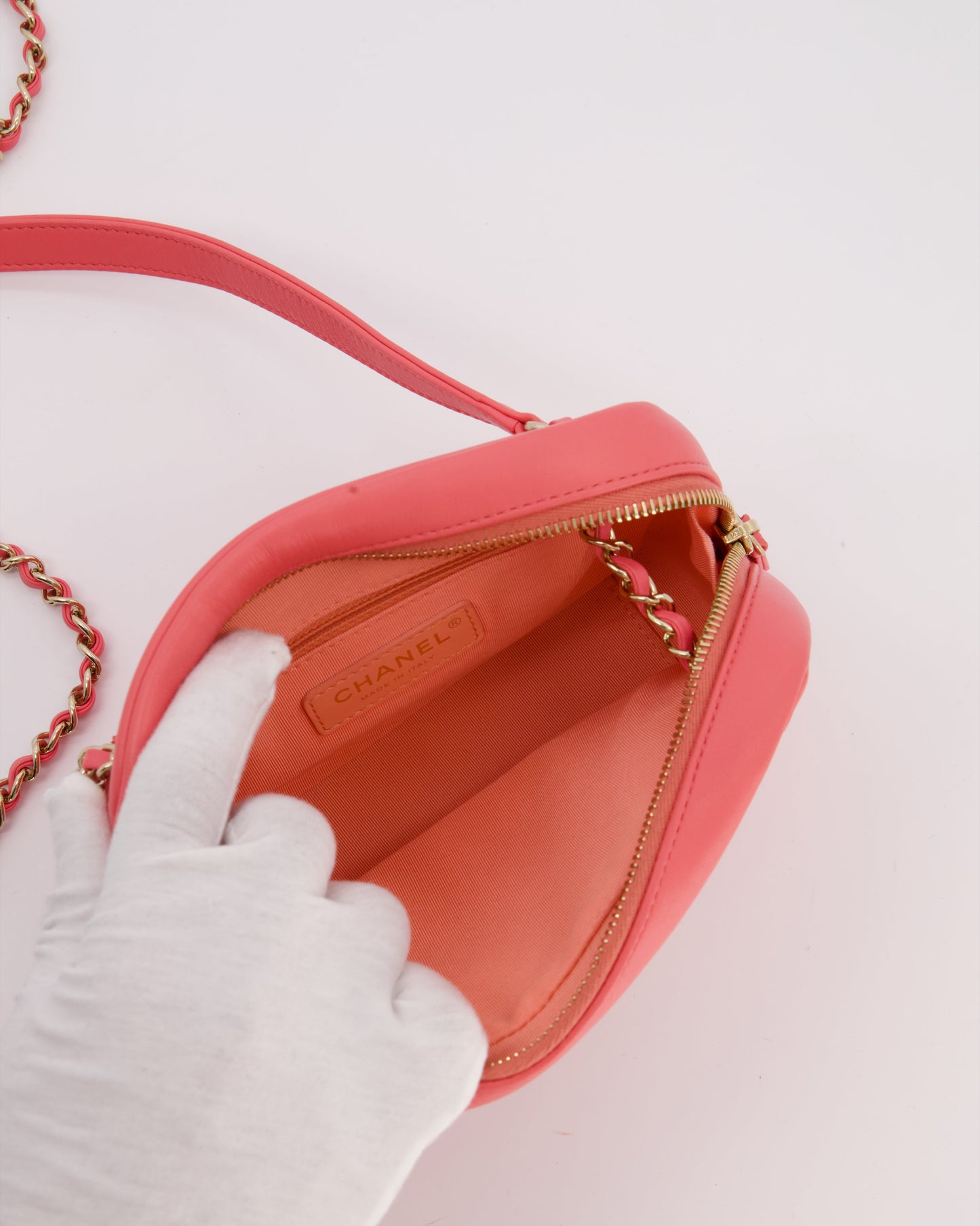 Chanel Coral Pink Small Camera Bag in Lambskin Leather with Multicolour Crystal CC Logo & Champagne Gold Hardware