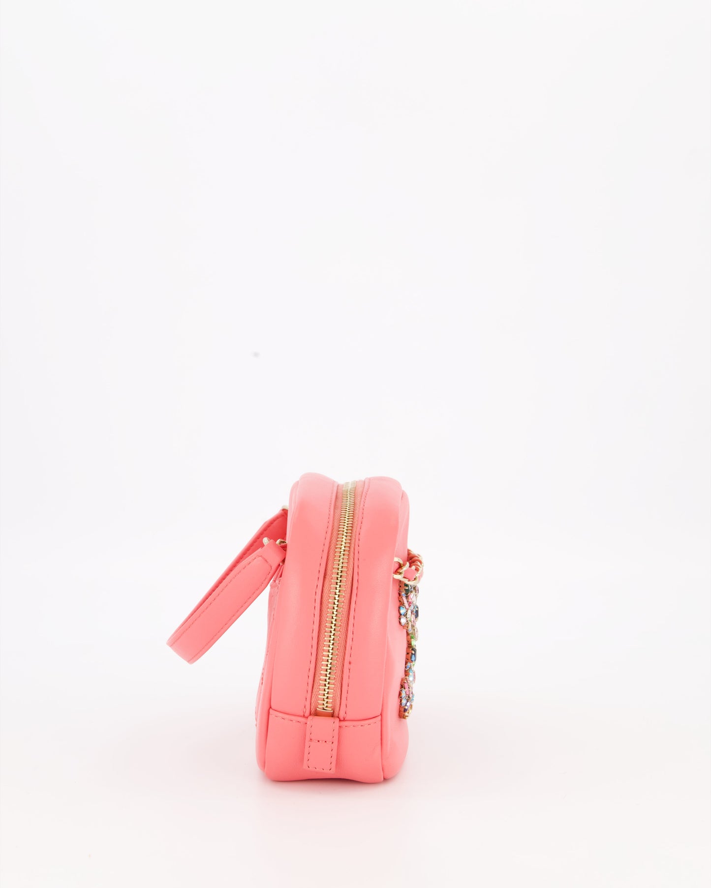Chanel Coral Pink Small Camera Bag in Lambskin Leather with Multicolour Crystal CC Logo & Champagne Gold Hardware