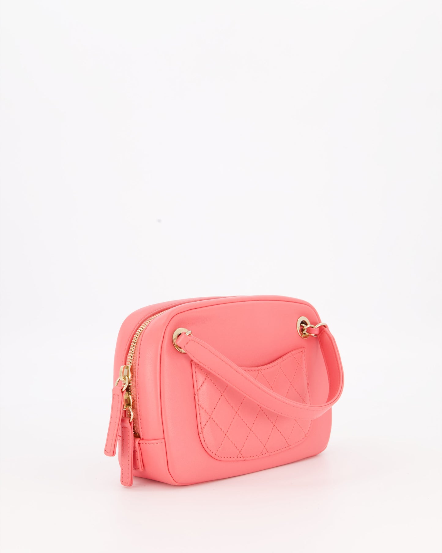 Chanel Coral Pink Small Camera Bag in Lambskin Leather with Multicolour Crystal CC Logo & Champagne Gold Hardware