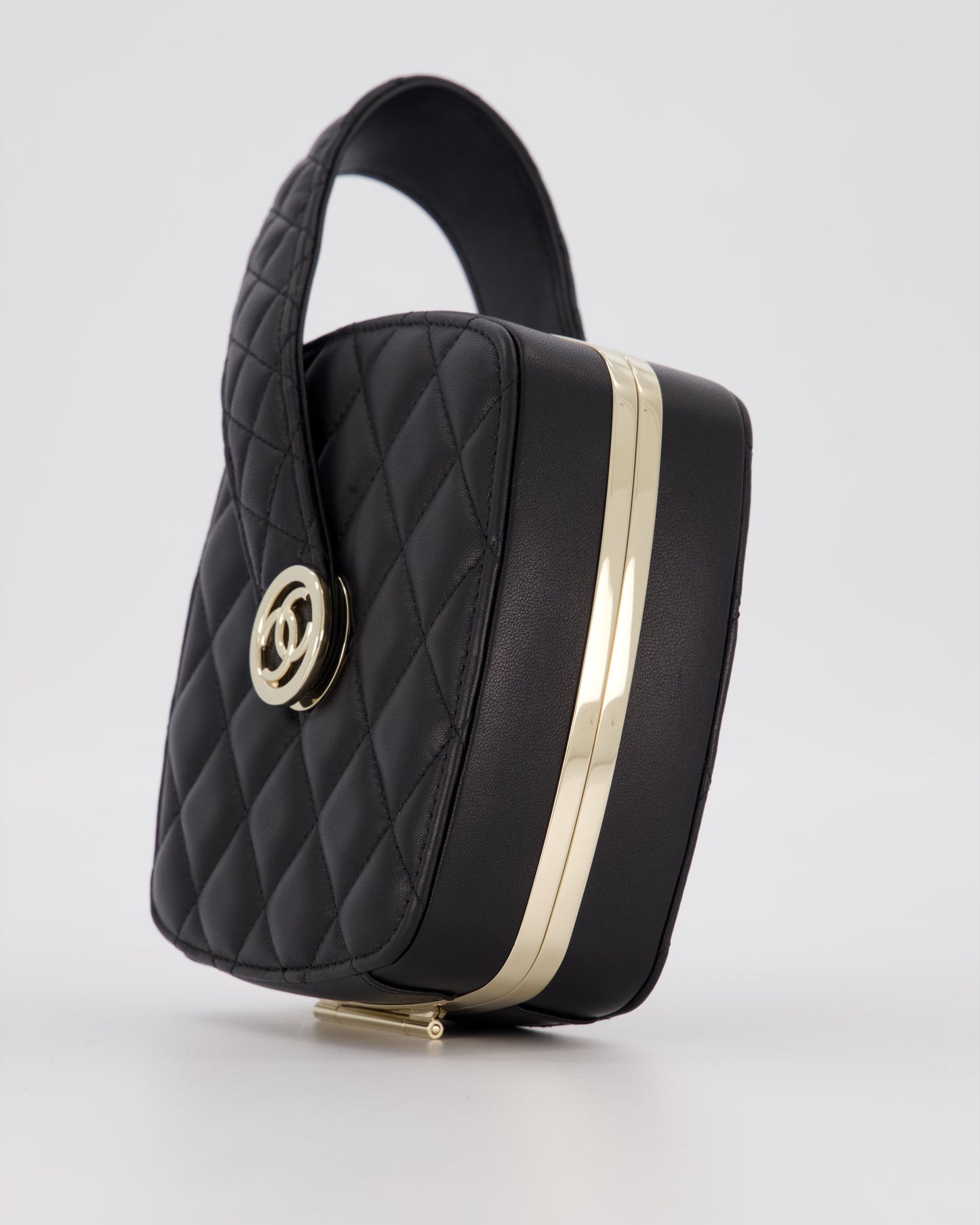 Chanel 22P Makeup Top Handle Clutch Bag in Black Lambskin with Champagne Gold Hardware and CC Logo Detail
