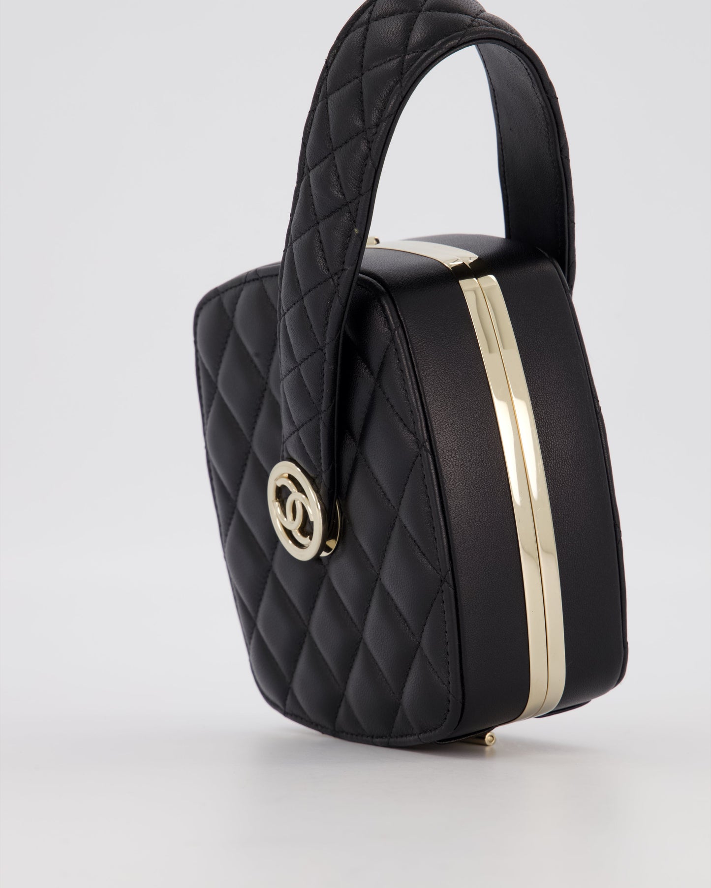 Chanel 22P Makeup Top Handle Clutch Bag in Black Lambskin with Champagne Gold Hardware and CC Logo Detail