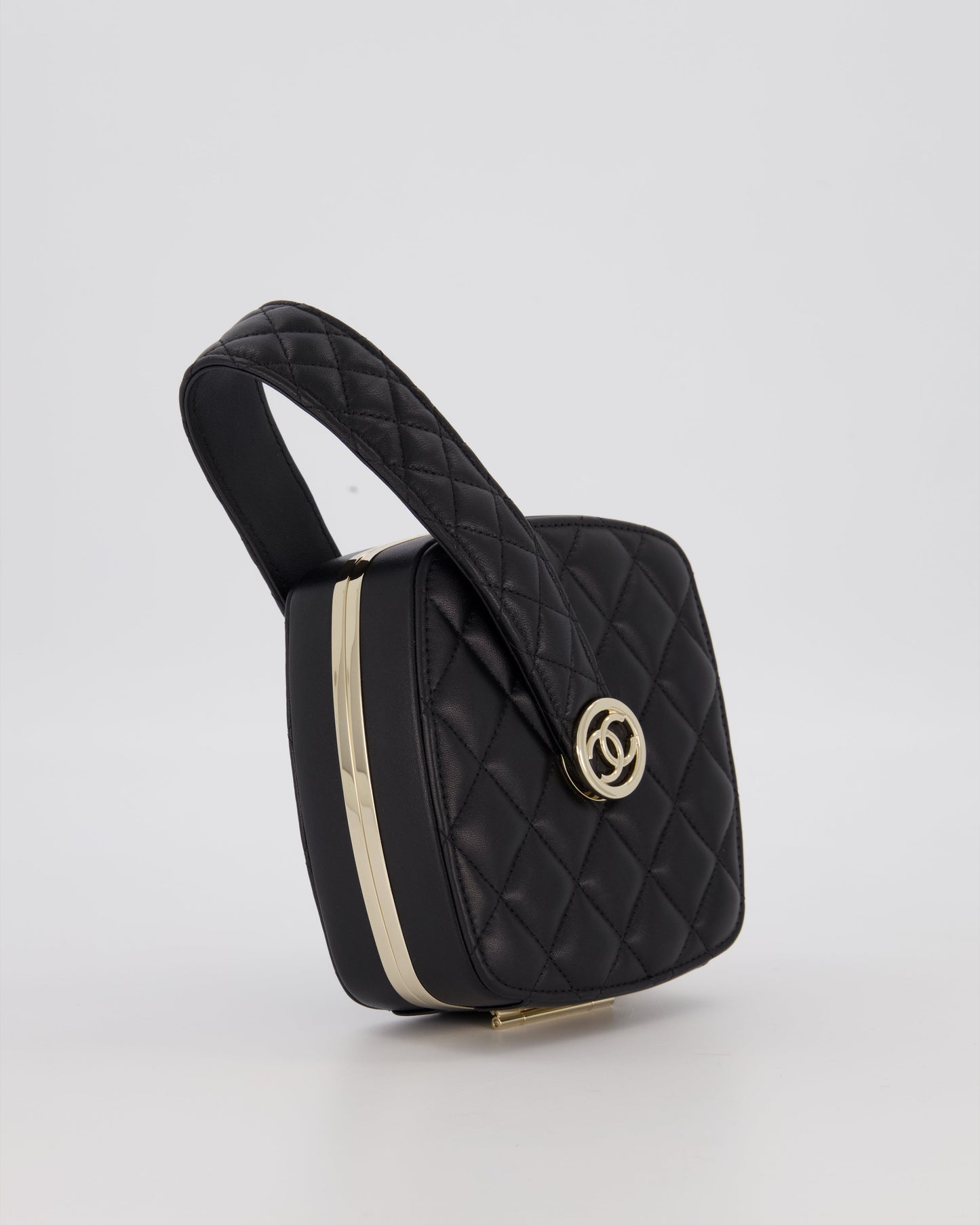 Chanel 22P Makeup Top Handle Clutch Bag in Black Lambskin with Champagne Gold Hardware and CC Logo Detail
