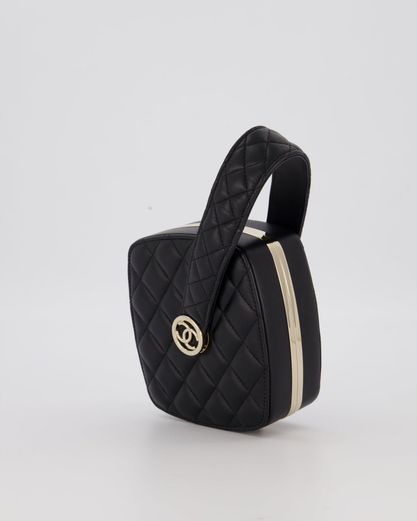 Chanel 22P Makeup Top Handle Clutch Bag in Black Lambskin with Champagne Gold Hardware and CC Logo Detail