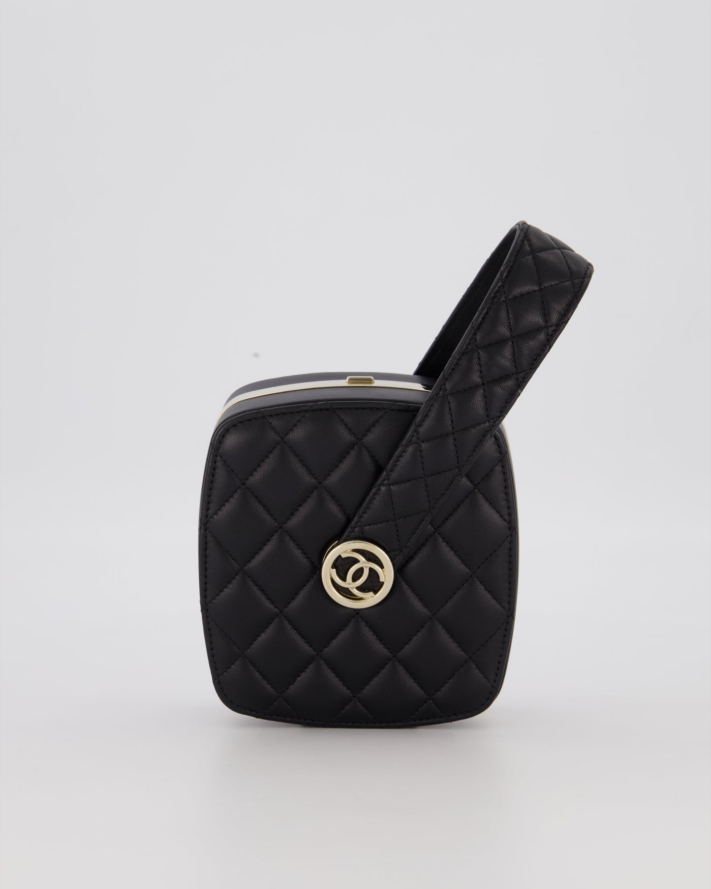 Chanel 22P Makeup Top Handle Clutch Bag in Black Lambskin with Champagne Gold Hardware and CC Logo Detail