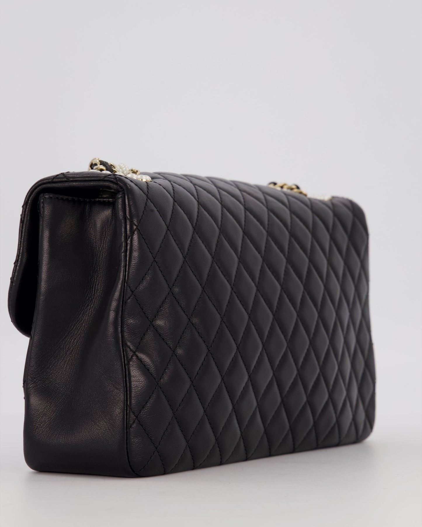 Chanel Black Medium Westminster Pearl Coco Single Flap Bag in Aged Lambskin Leather with Champagne Gold &amp; Pearl Chain and CC Lock Details
