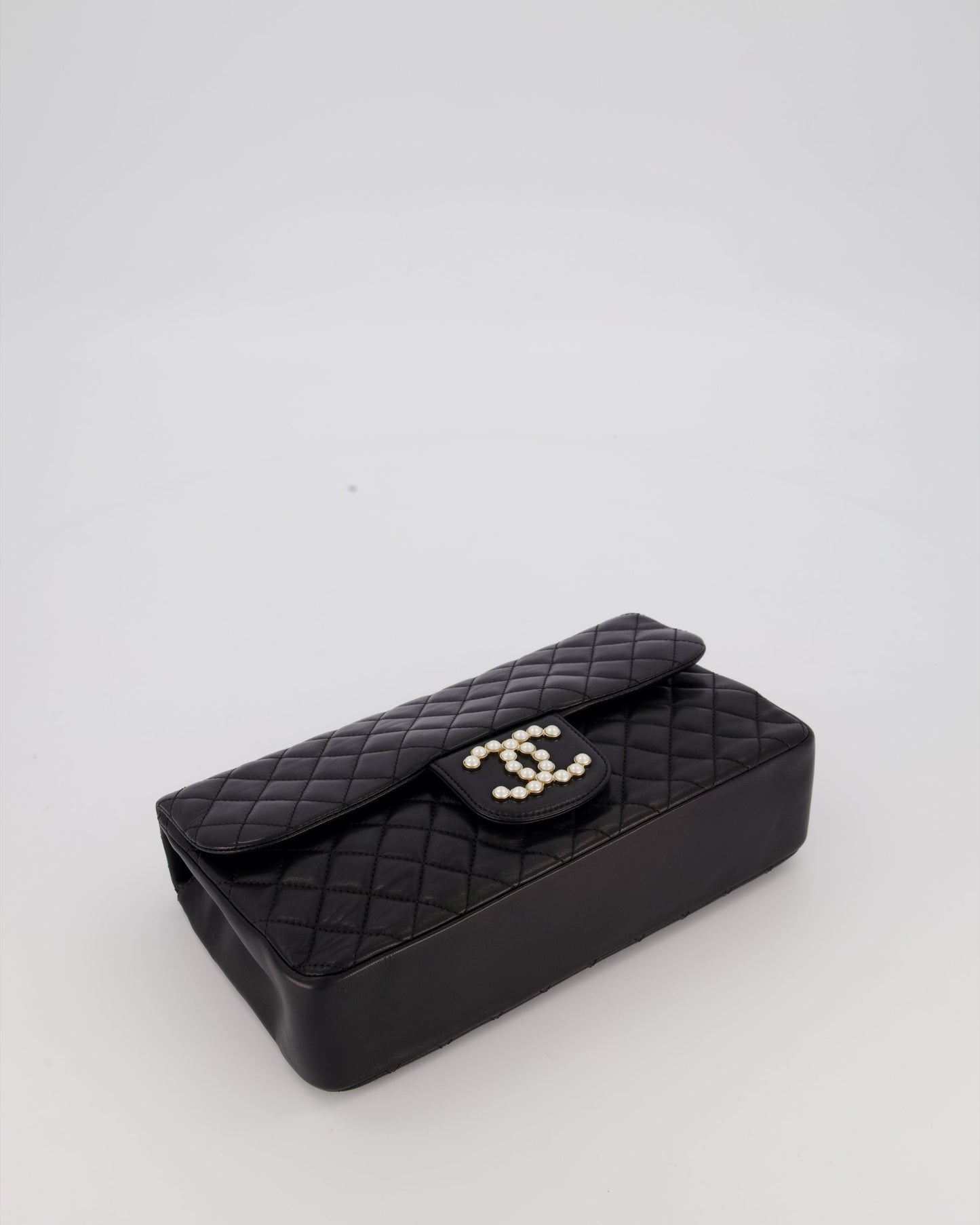 Chanel Black Medium Westminster Pearl Coco Single Flap Bag in Aged Lambskin Leather with Champagne Gold &amp; Pearl Chain and CC Lock Details
