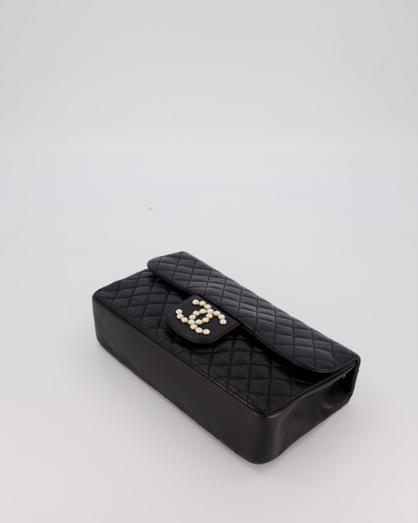 Chanel Black Medium Westminster Pearl Coco Single Flap Bag in Aged Lambskin Leather with Champagne Gold &amp; Pearl Chain and CC Lock Details
