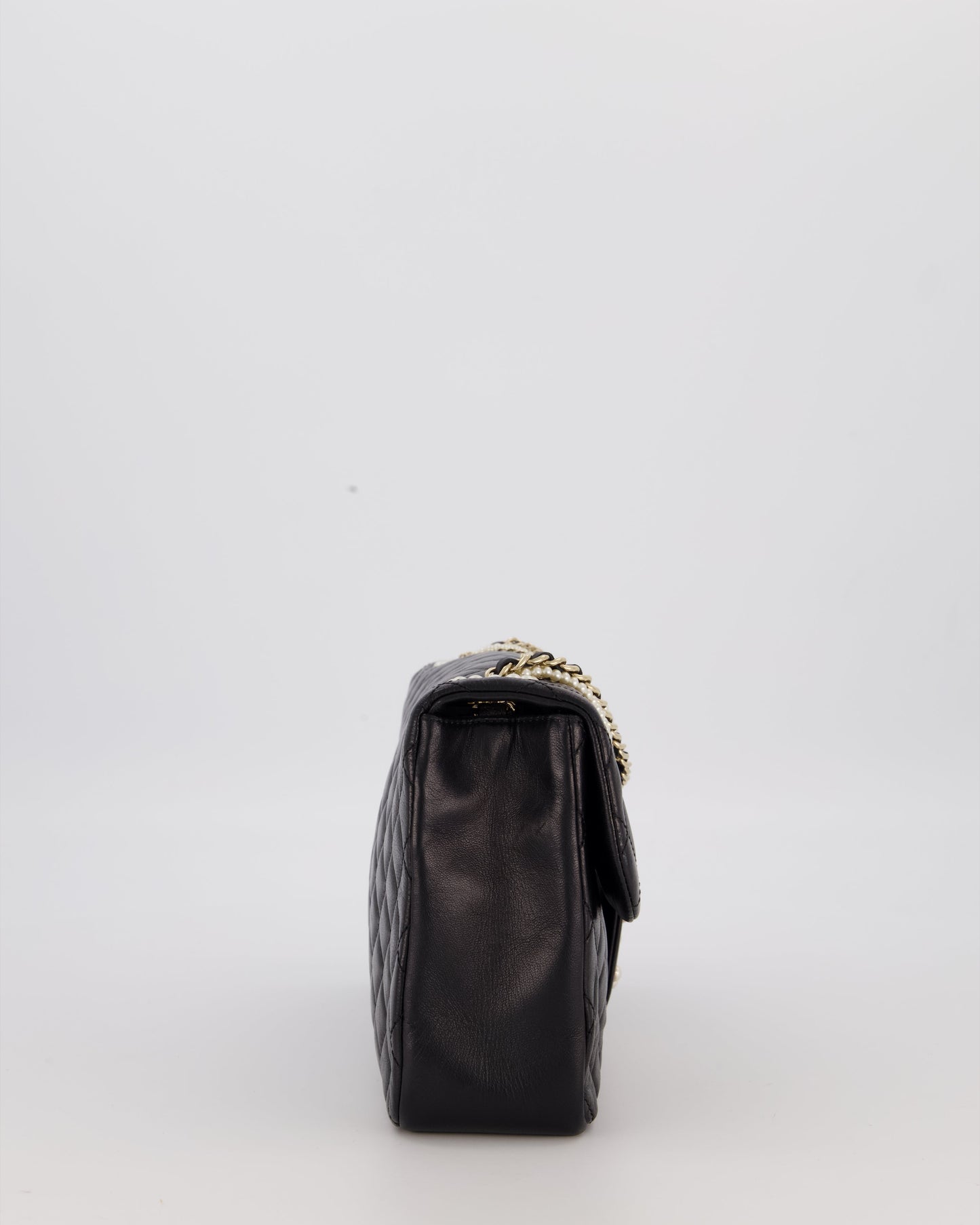 Chanel Black Medium Westminster Pearl Coco Single Flap Bag in Aged Lambskin Leather with Champagne Gold &amp; Pearl Chain and CC Lock Details