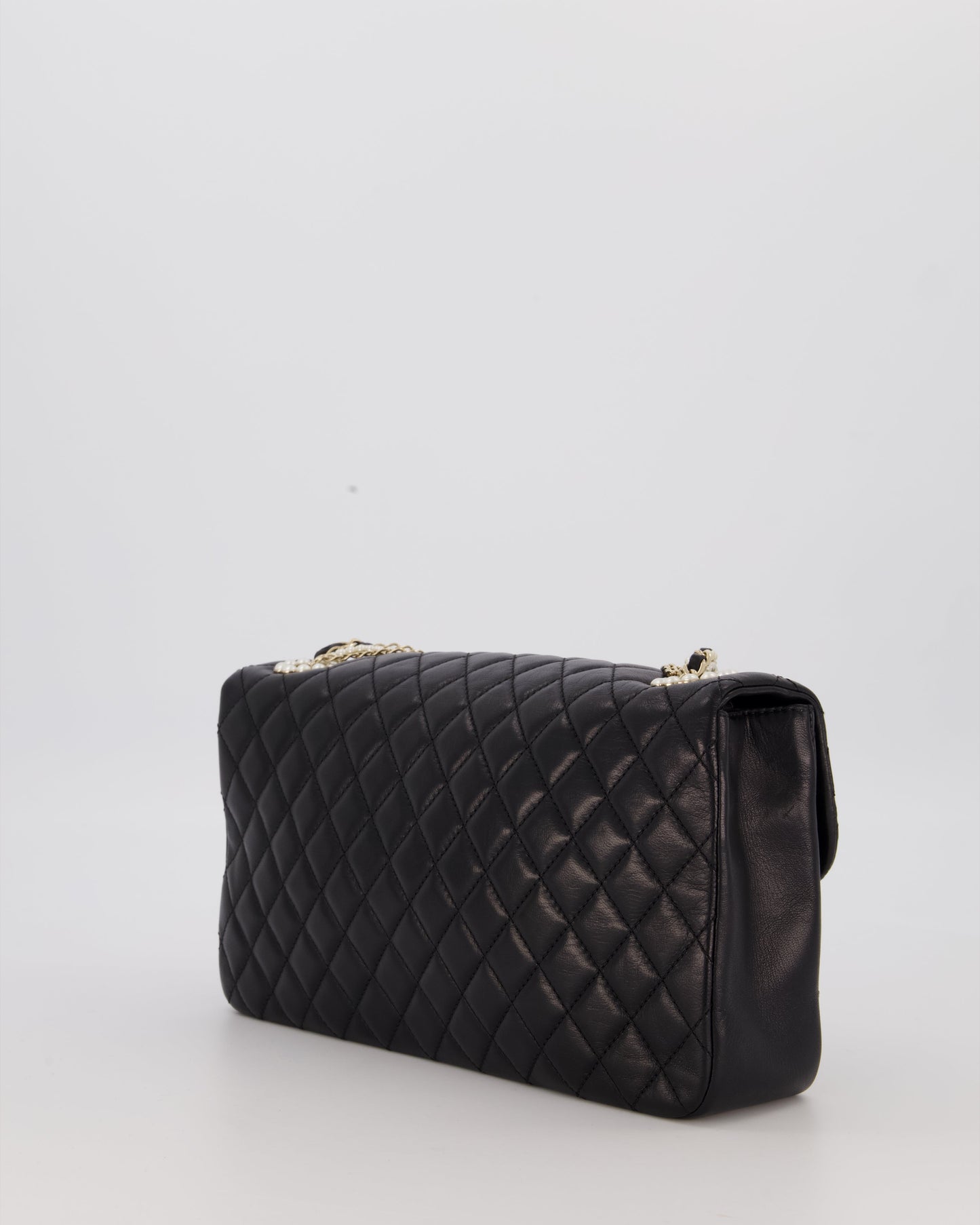 Chanel Black Medium Westminster Pearl Coco Single Flap Bag in Aged Lambskin Leather with Champagne Gold &amp; Pearl Chain and CC Lock Details