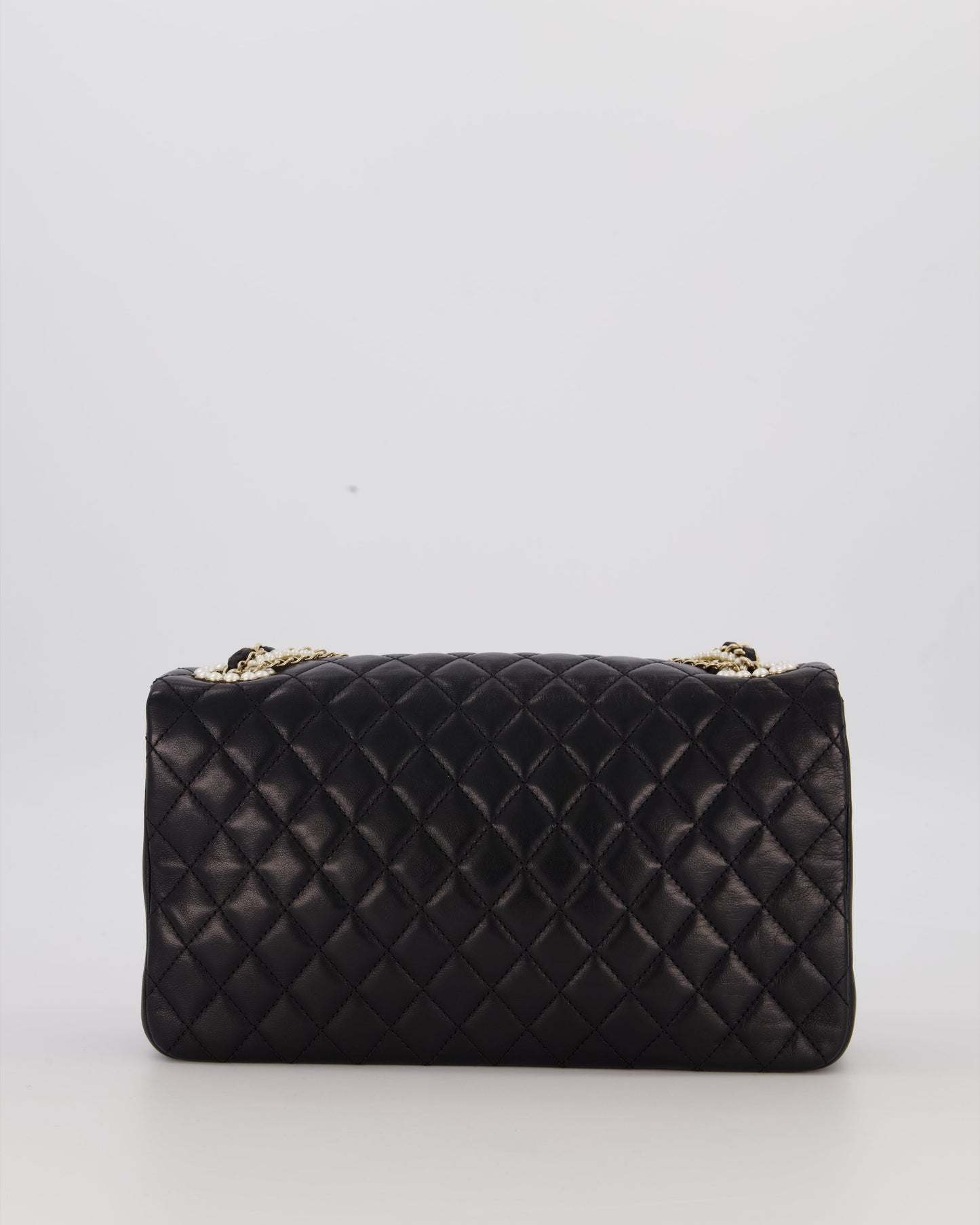 Chanel Black Medium Westminster Pearl Coco Single Flap Bag in Aged Lambskin Leather with Champagne Gold &amp; Pearl Chain and CC Lock Details
