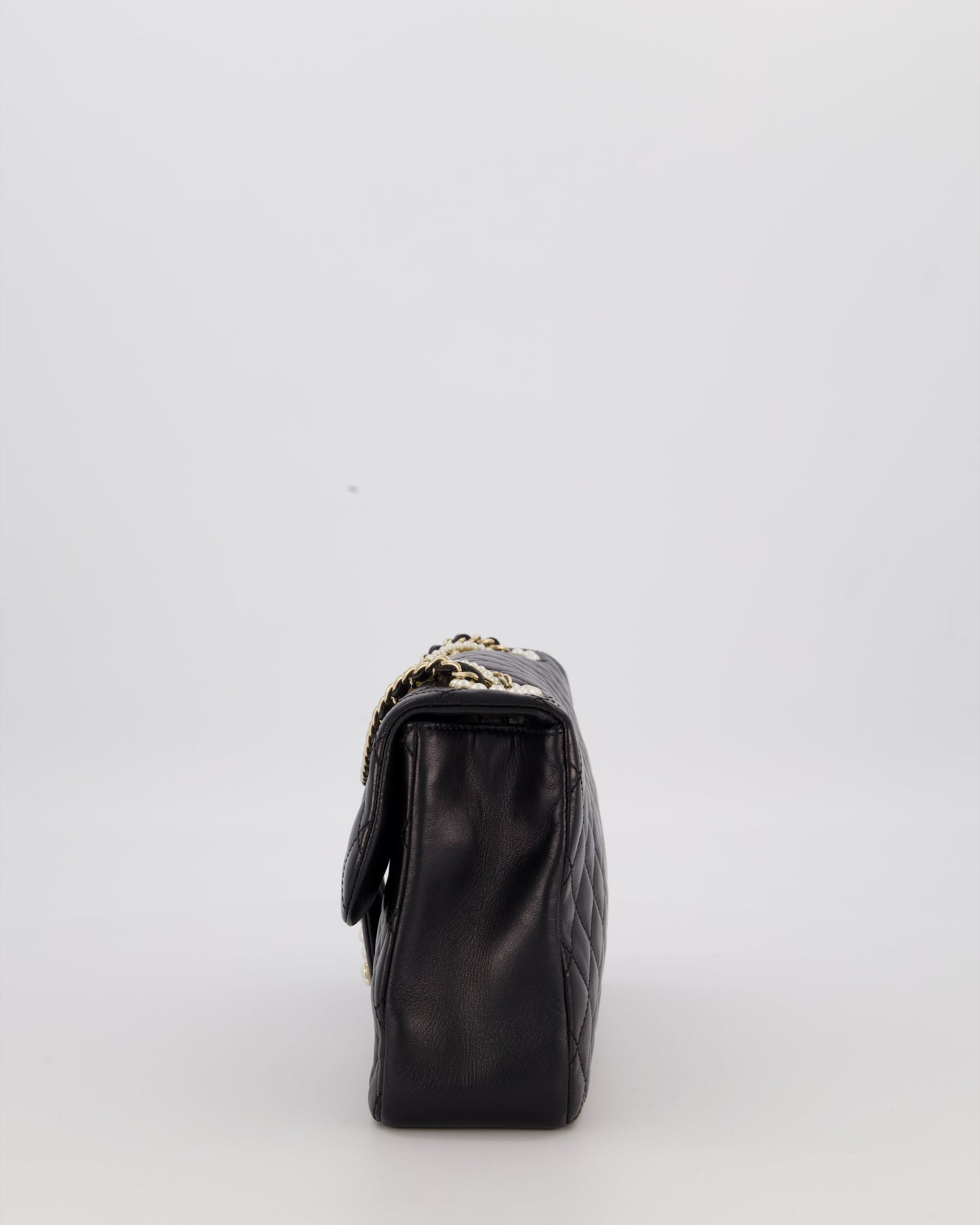 Chanel Black Medium Westminster Pearl Coco Single Flap Bag in Aged Lambskin Leather with Champagne Gold &amp; Pearl Chain and CC Lock Details