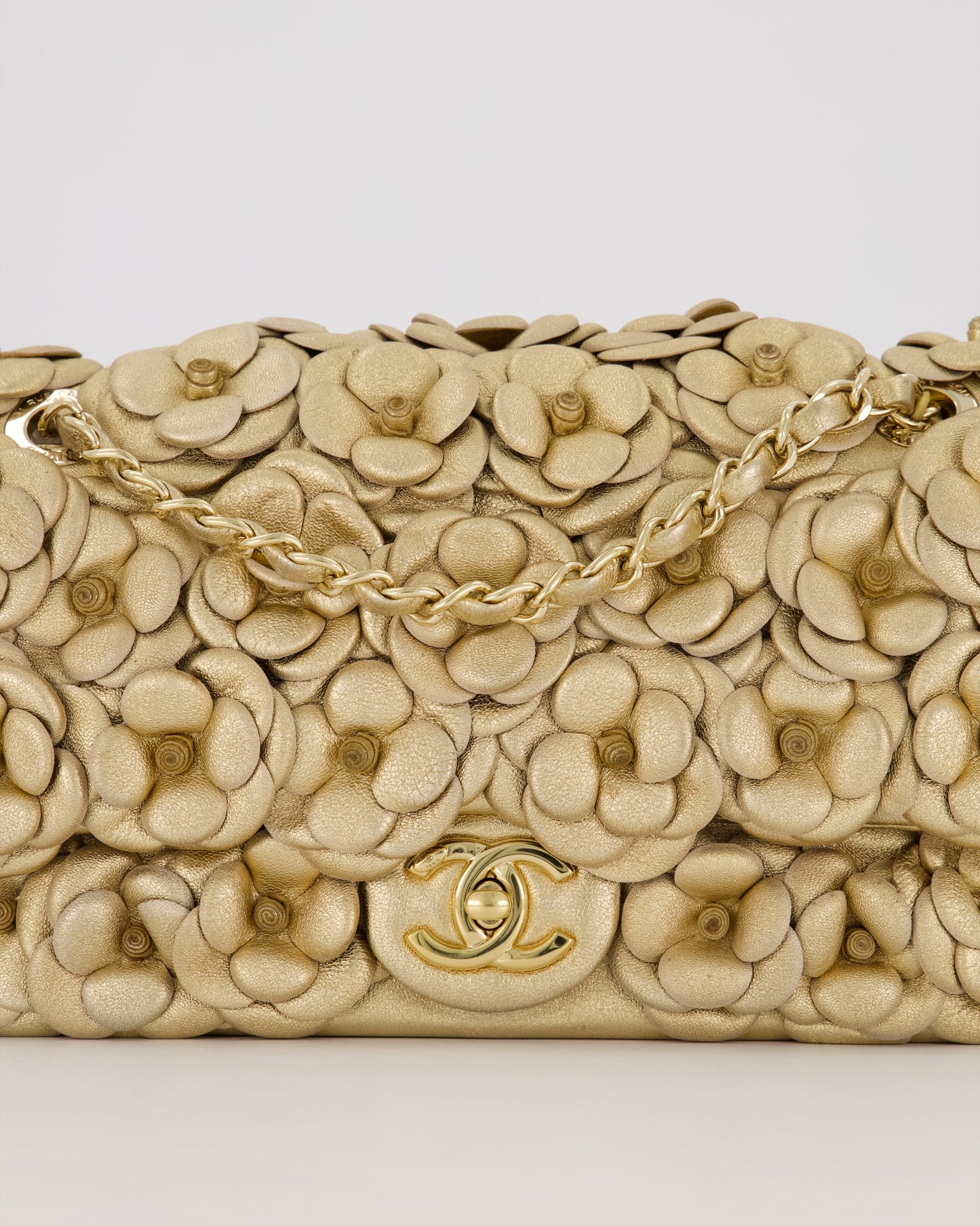 Chanel Camelia Flap Bag in Metallic Gold Lambskin Leather with Champagne Gold Hardware & Embellishment Details