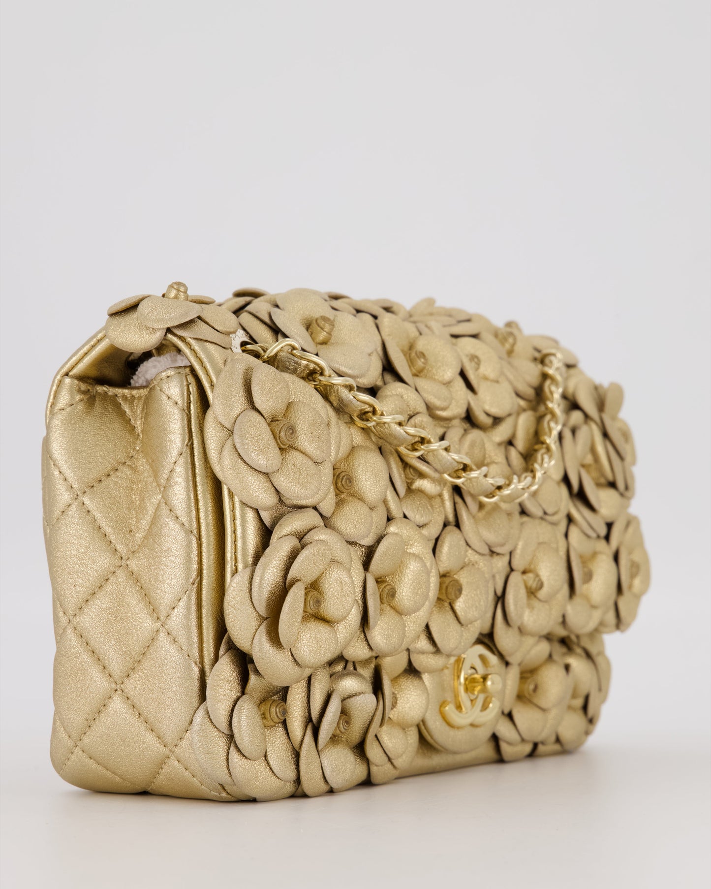 Chanel Camelia Flap Bag in Metallic Gold Lambskin Leather with Champagne Gold Hardware & Embellishment Details