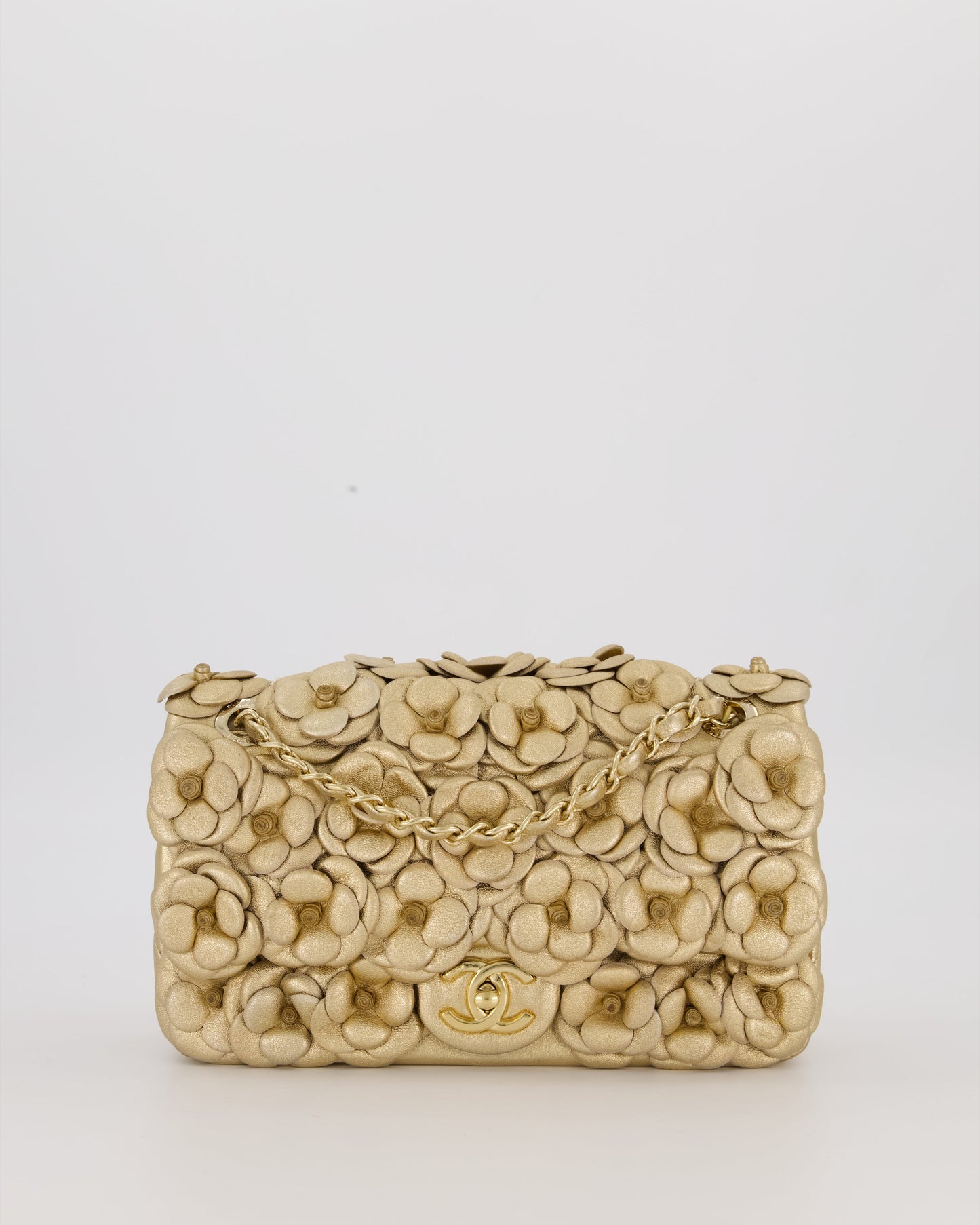 Chanel Camelia Flap Bag in Metallic Gold Lambskin Leather with Champagne Gold Hardware & Embellishment Details