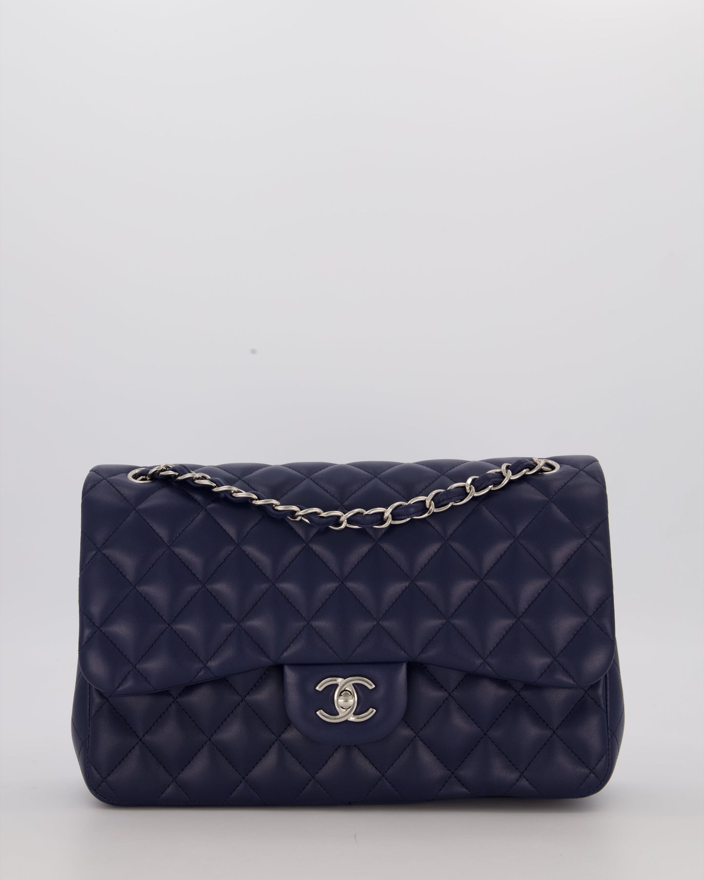 Chanel Navy Jumbo Classic Double Flap Bag in Lambskin Leather with Silver Hardware
