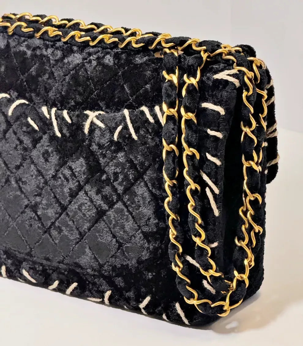 Chanel 1993 Black Velvet Whipstitch Flap Bag