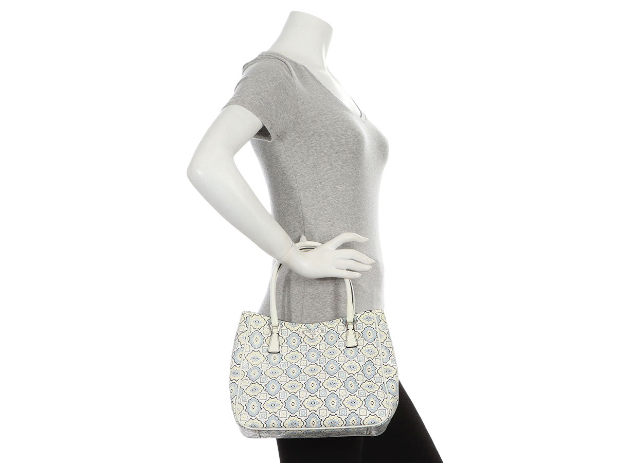 Prada Small Blue, Cream, and White Embossed Floral Tote