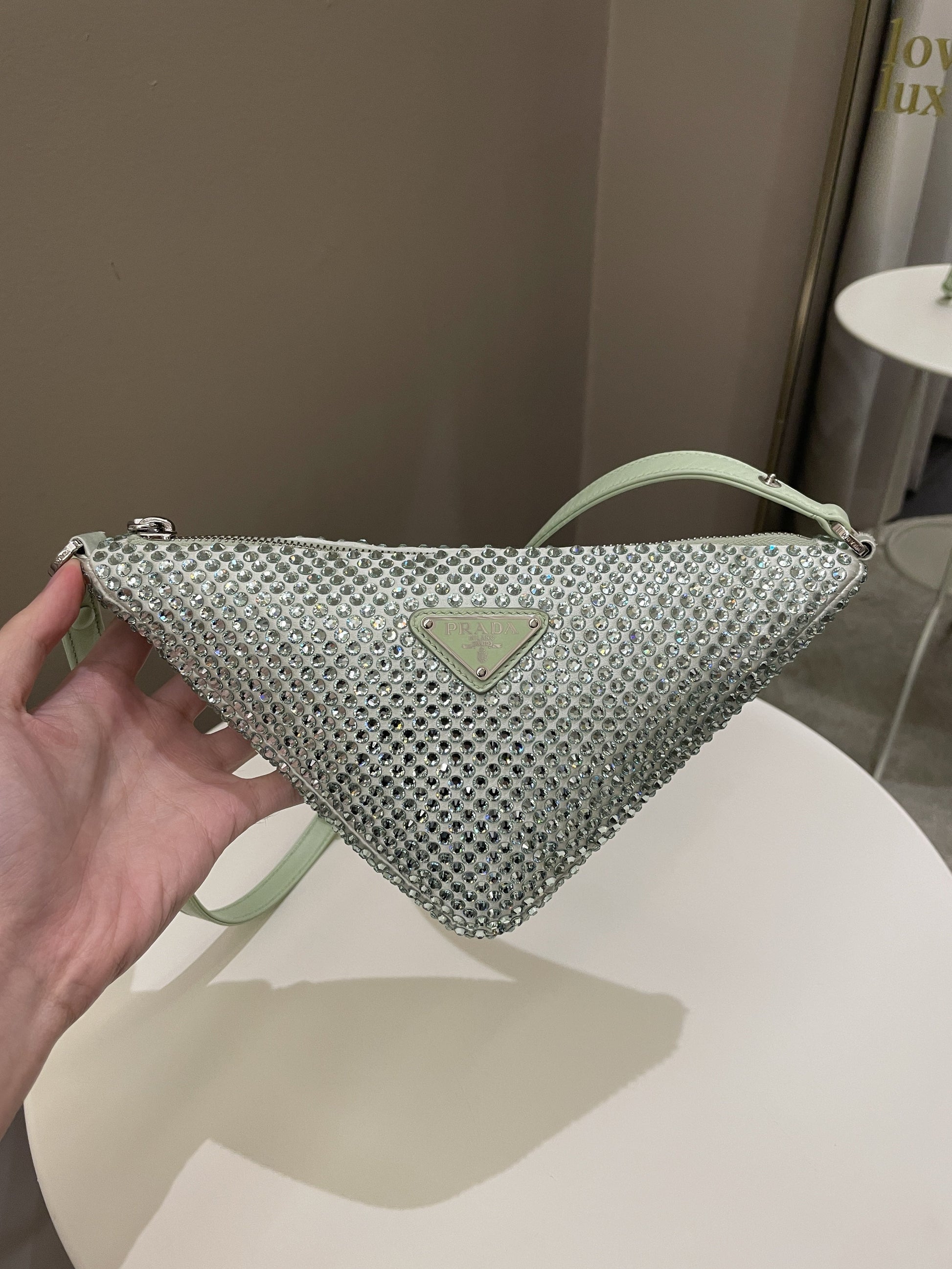 Prada Triangular Crystal Auqa Green Luxury Handbag