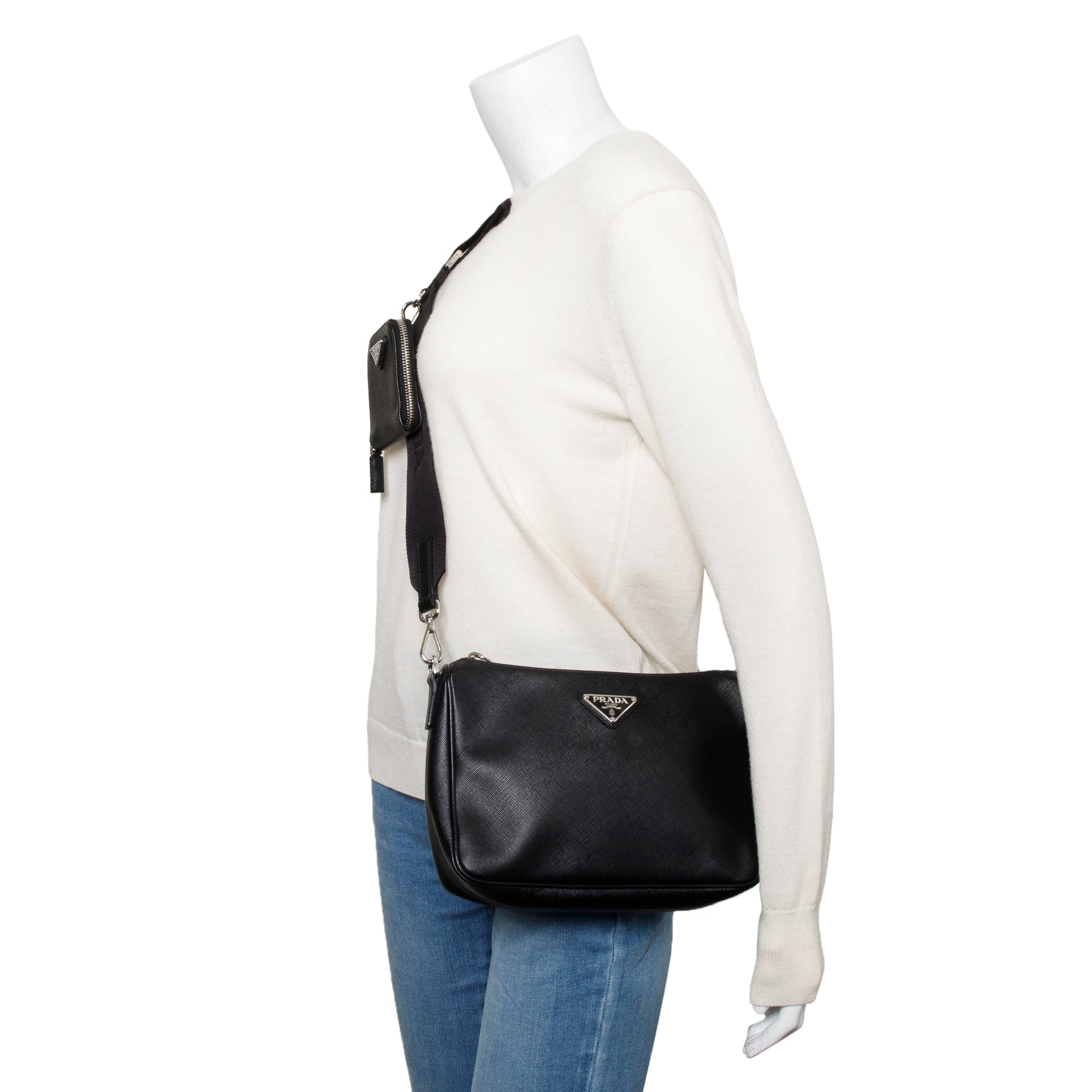 Prada 2020 Black Saffiano Travel Pocket Zippered Shoulder Bag