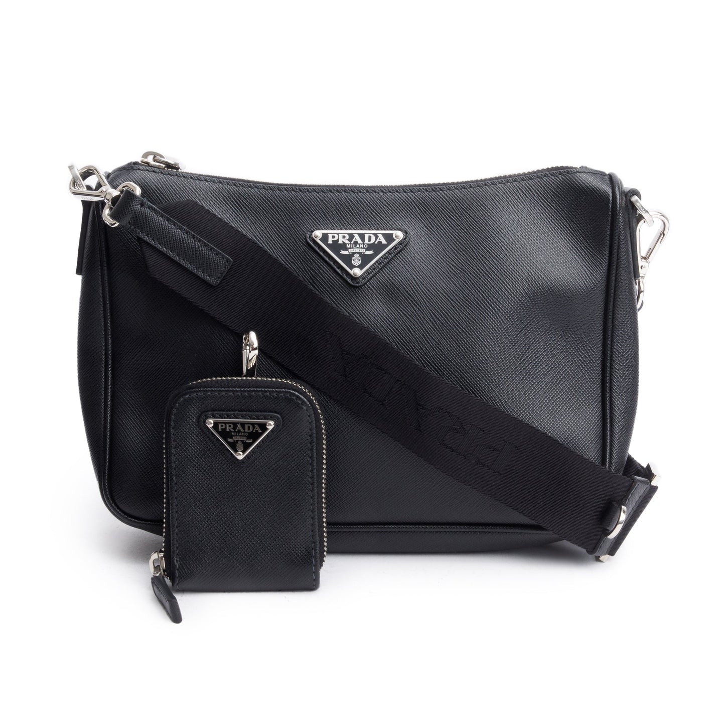 Prada 2020 Black Saffiano Travel Pocket Zippered Shoulder Bag
