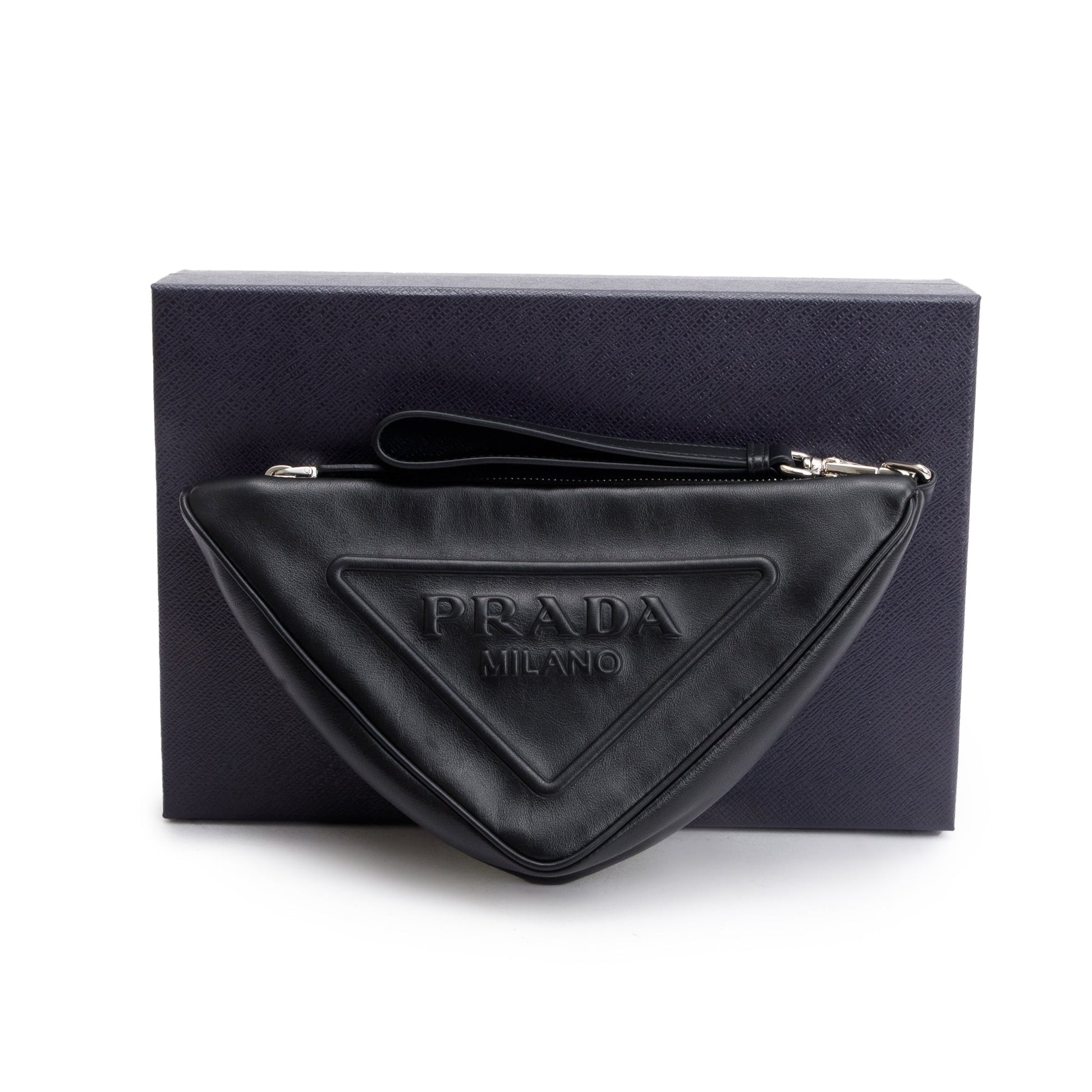 Prada Black Grace Lux Leather Triangle Wristlet Clutch