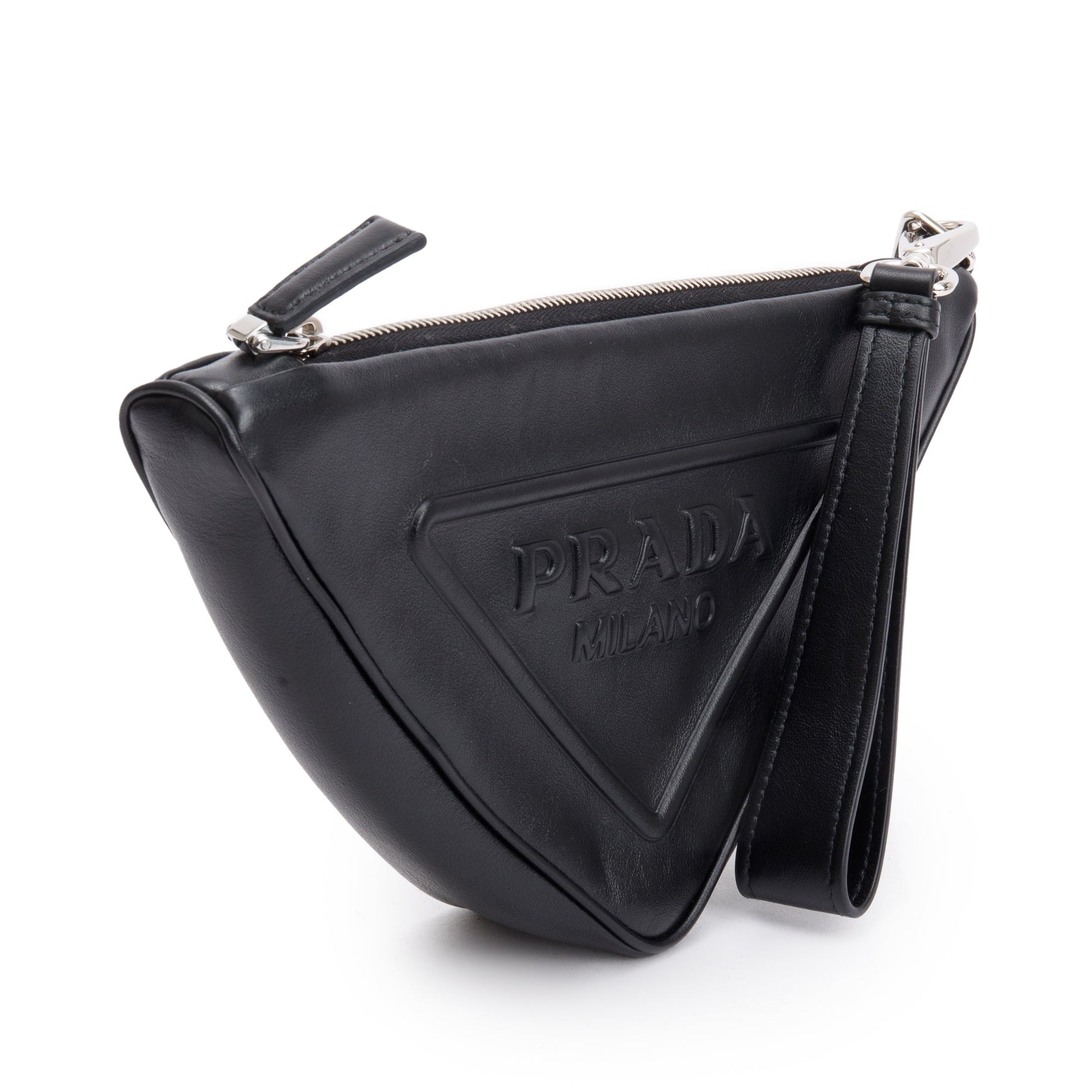 Prada Black Grace Lux Leather Triangle Wristlet Clutch